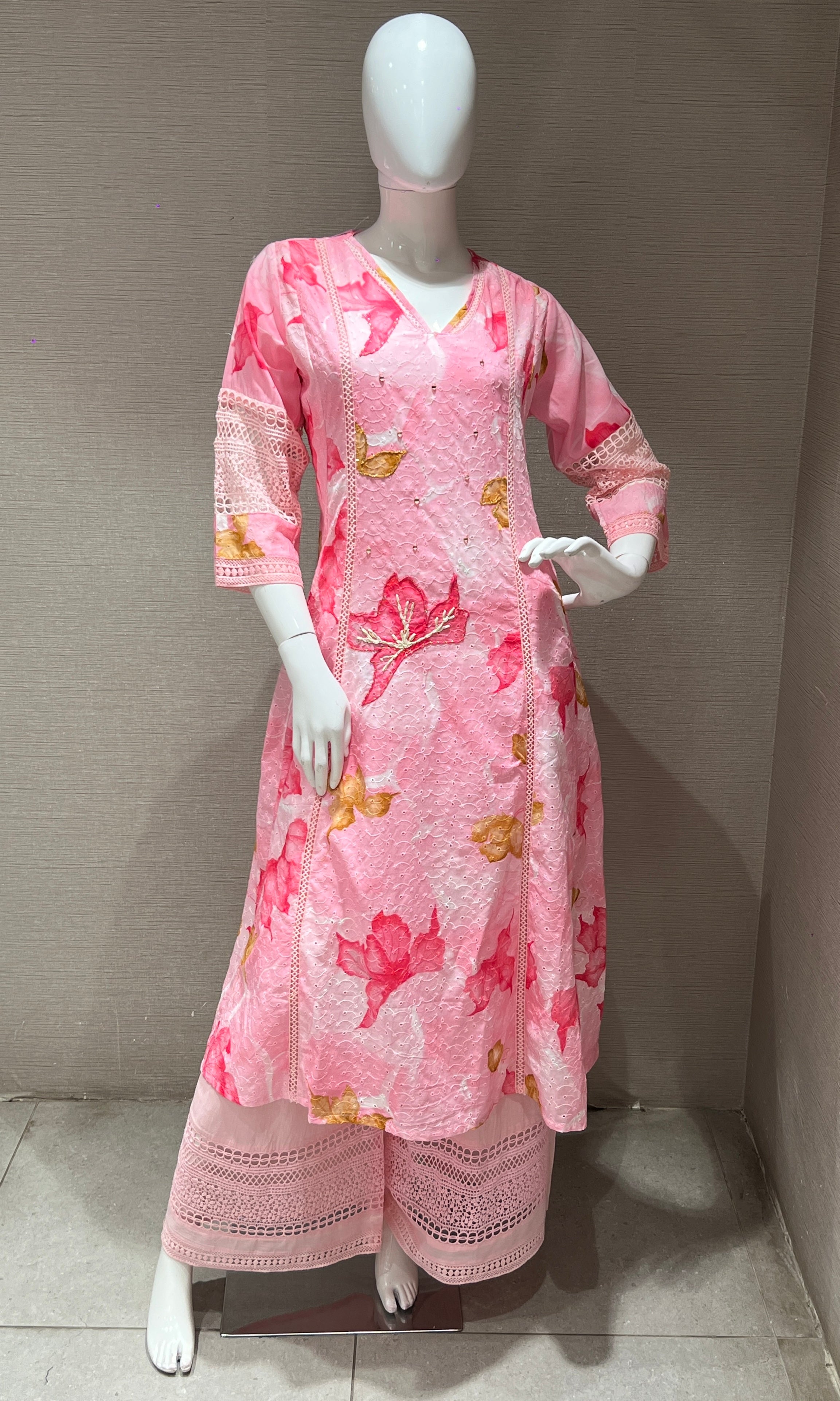 lotus pink floral kurta with wide leg pants