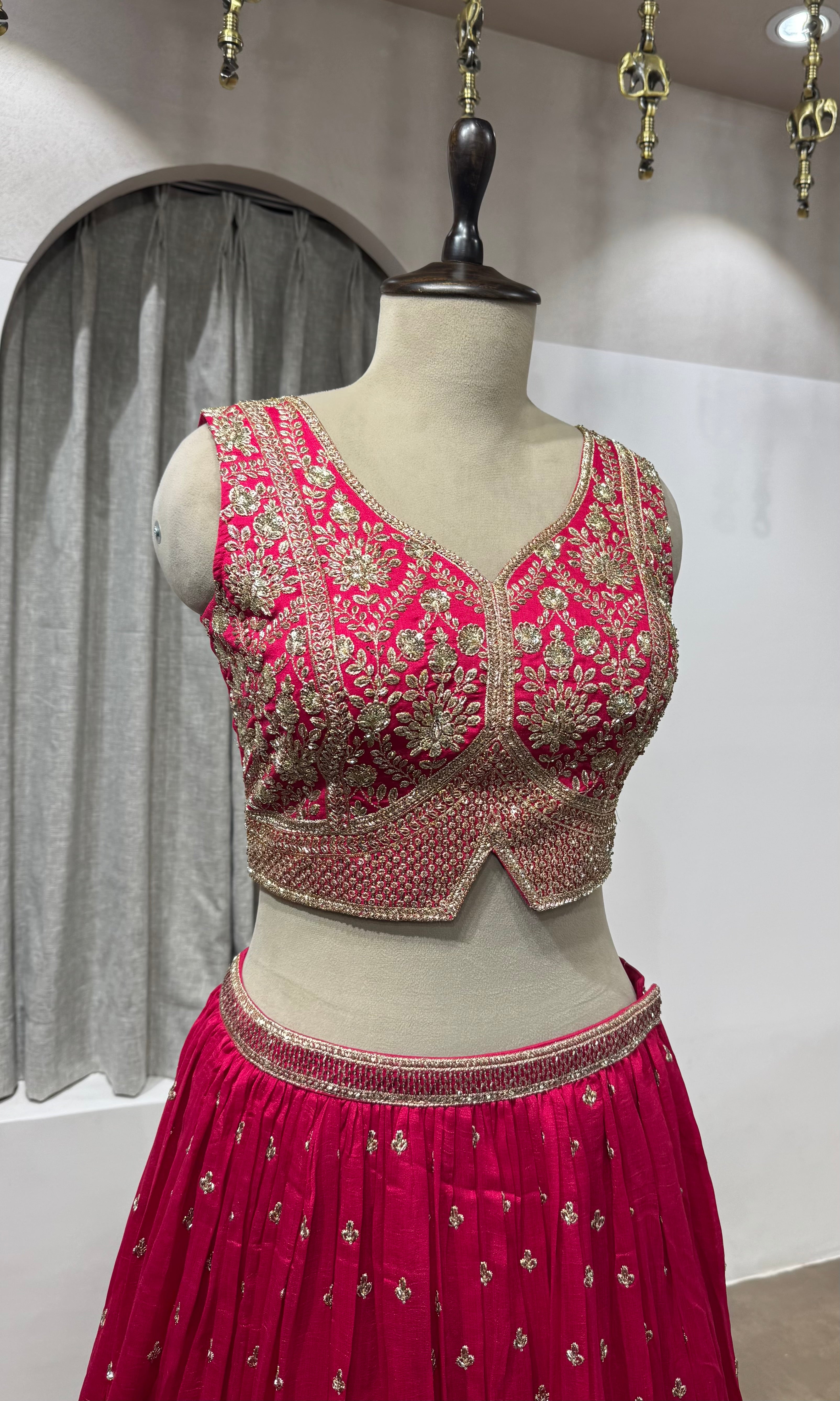 Rani pink Golden Ethnic Lehenga set