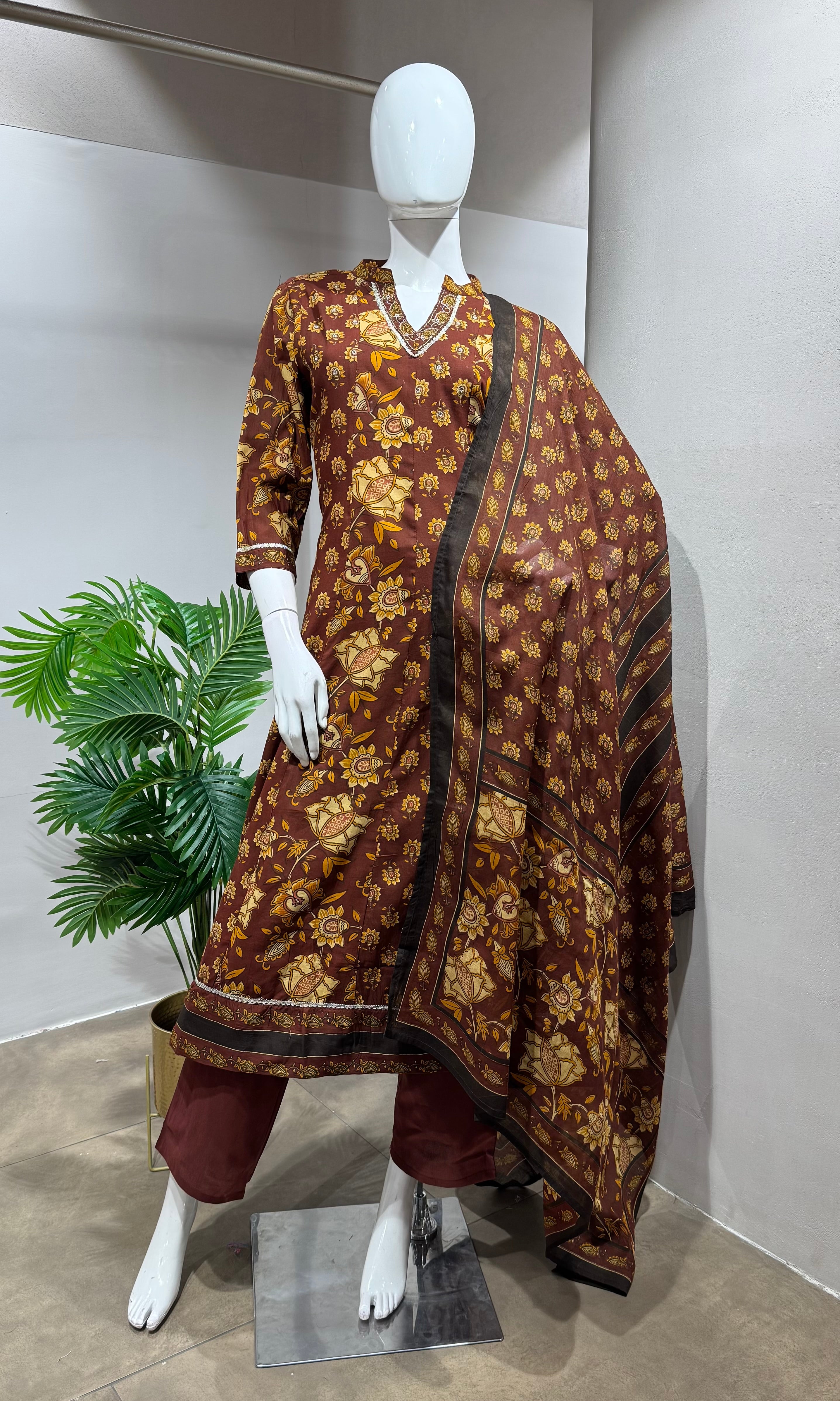 BROWN Floral Printed Ethnic Anarkali Set