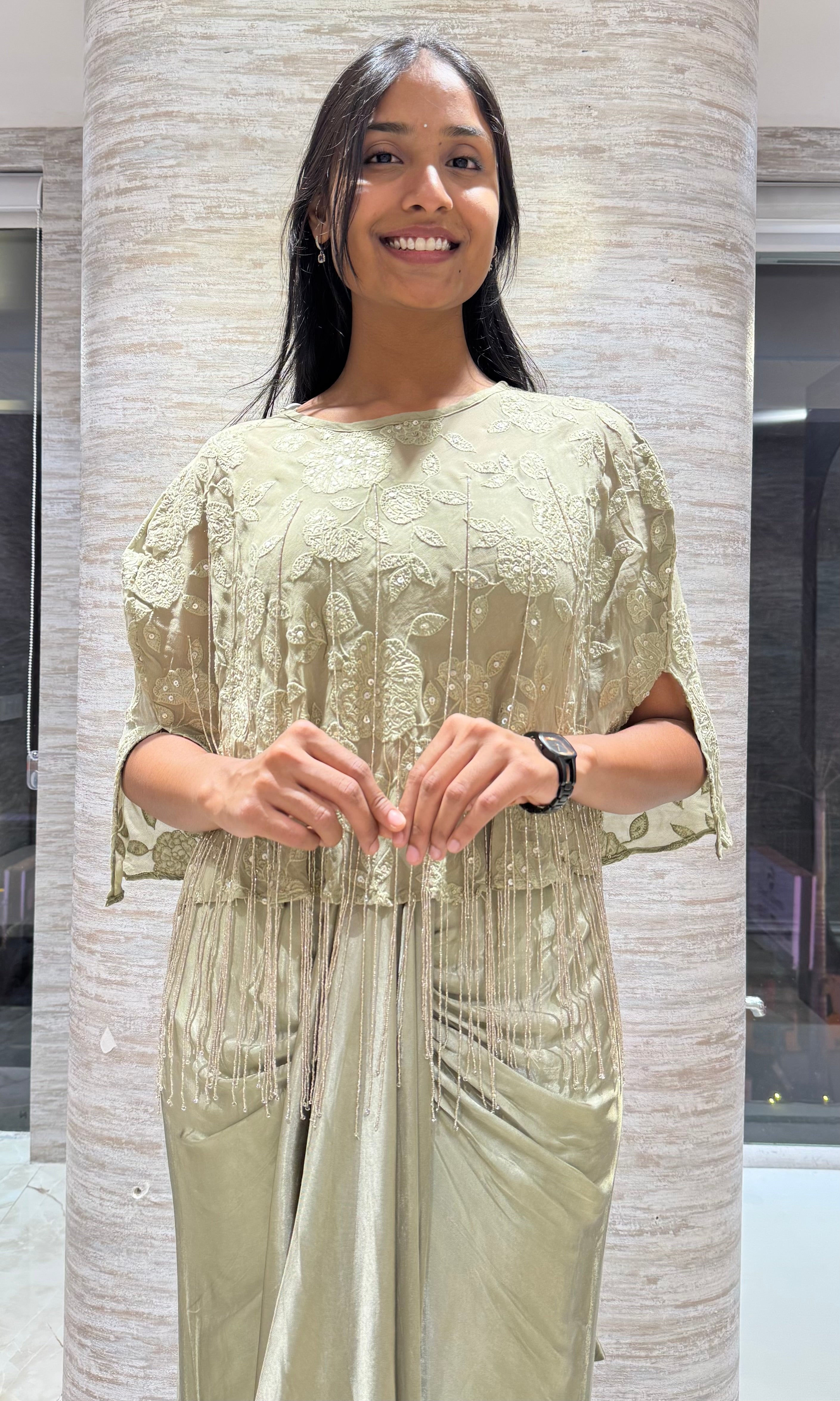 green Drape Gown With Floral Embroidered Cape