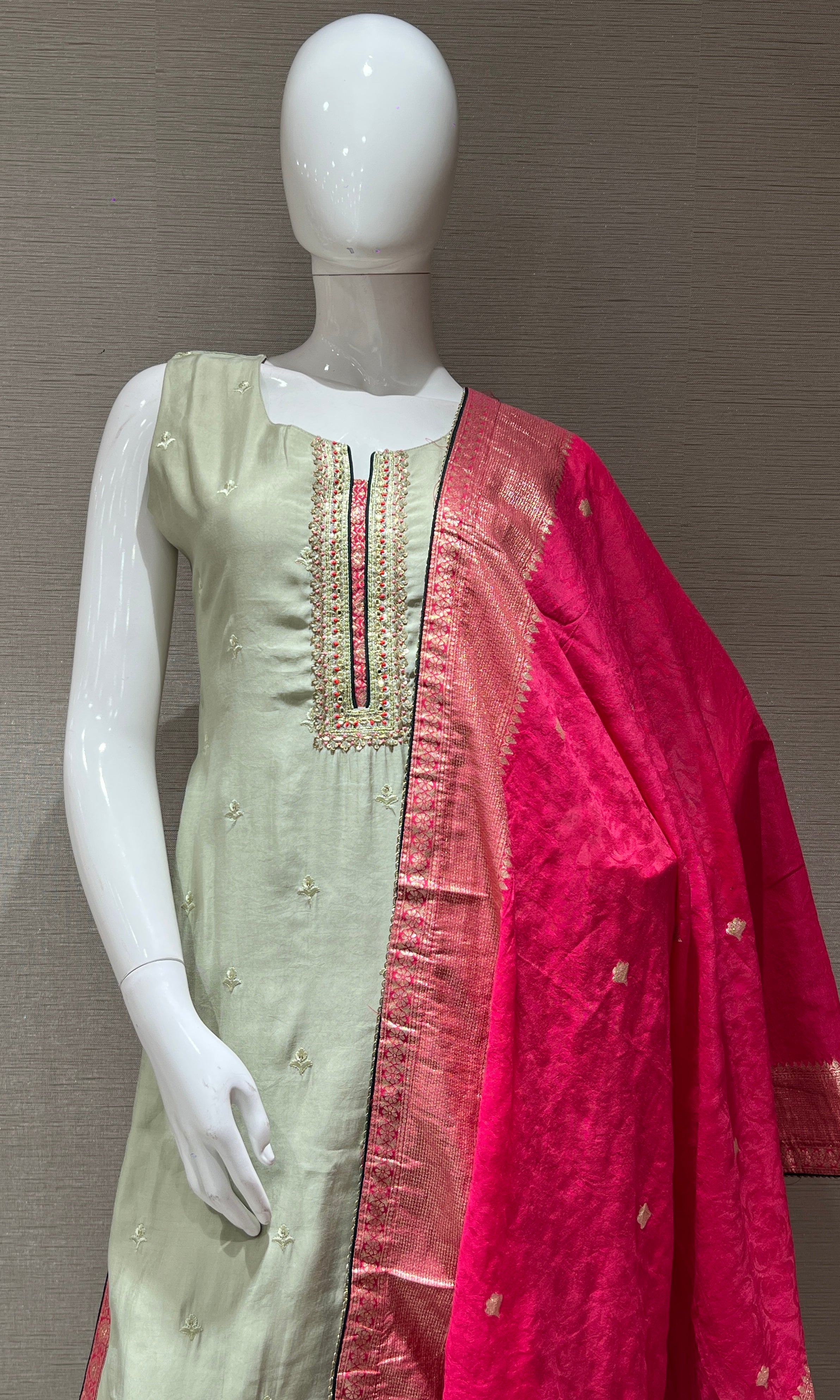 Pista Green Embroidered Kurta Set with Contrast Pink Dupatta