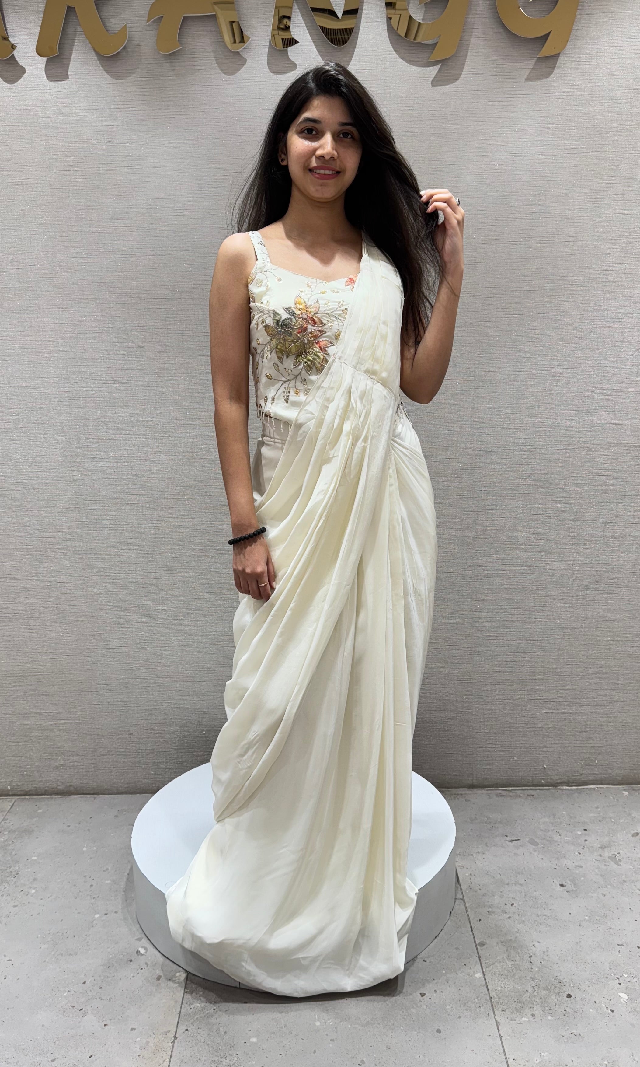 Cream drape saree WITH FLORAL BLOUSE