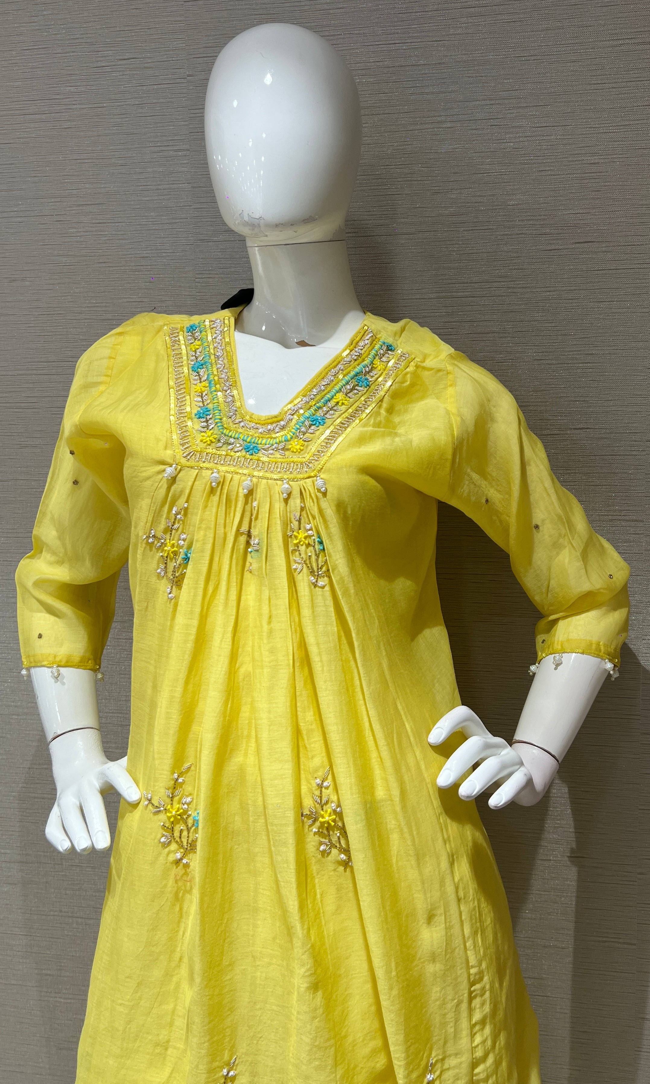 Yellow Long Sleeve Tunic Kurti with botttom