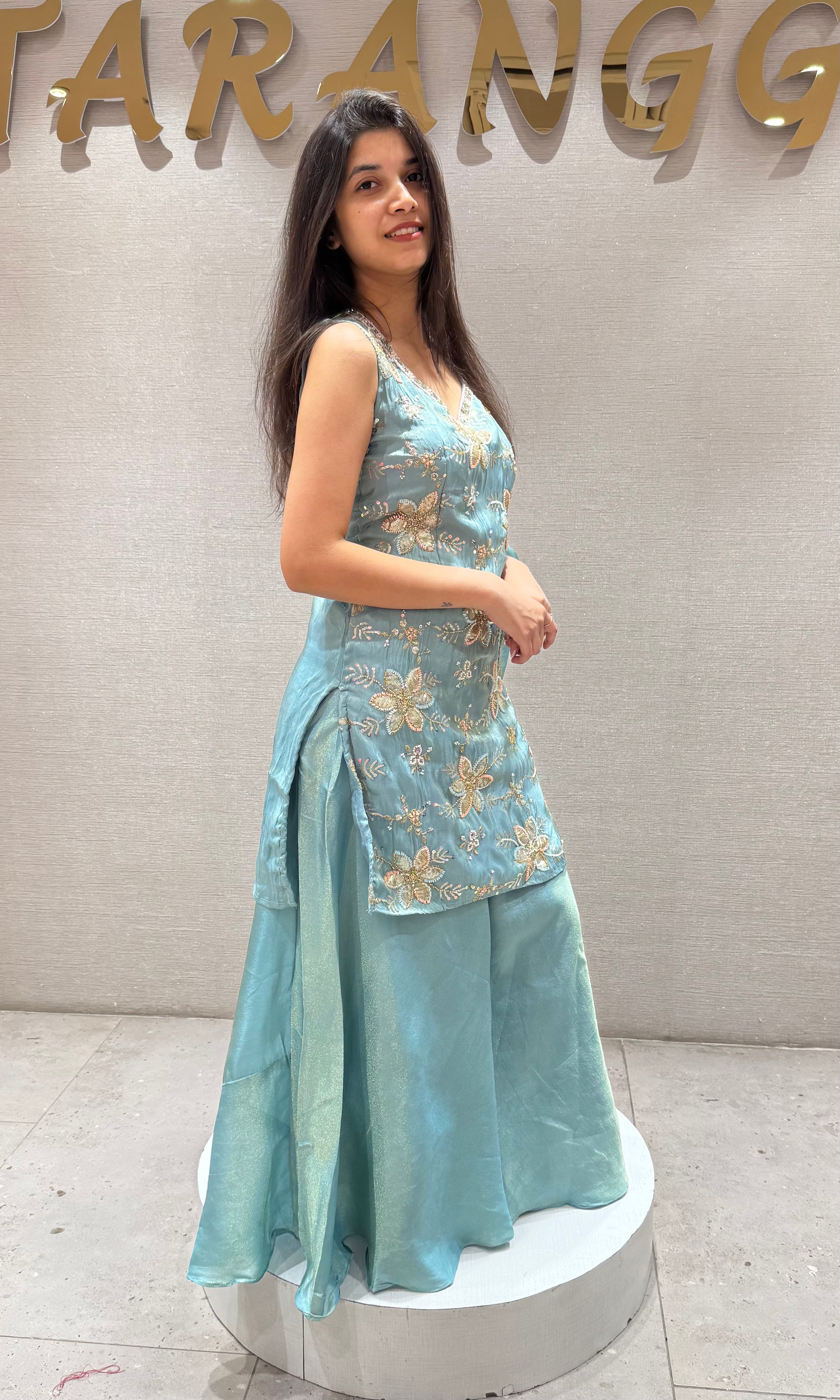 SEA Blue Tissue Floral Embroidery Sharara Set
