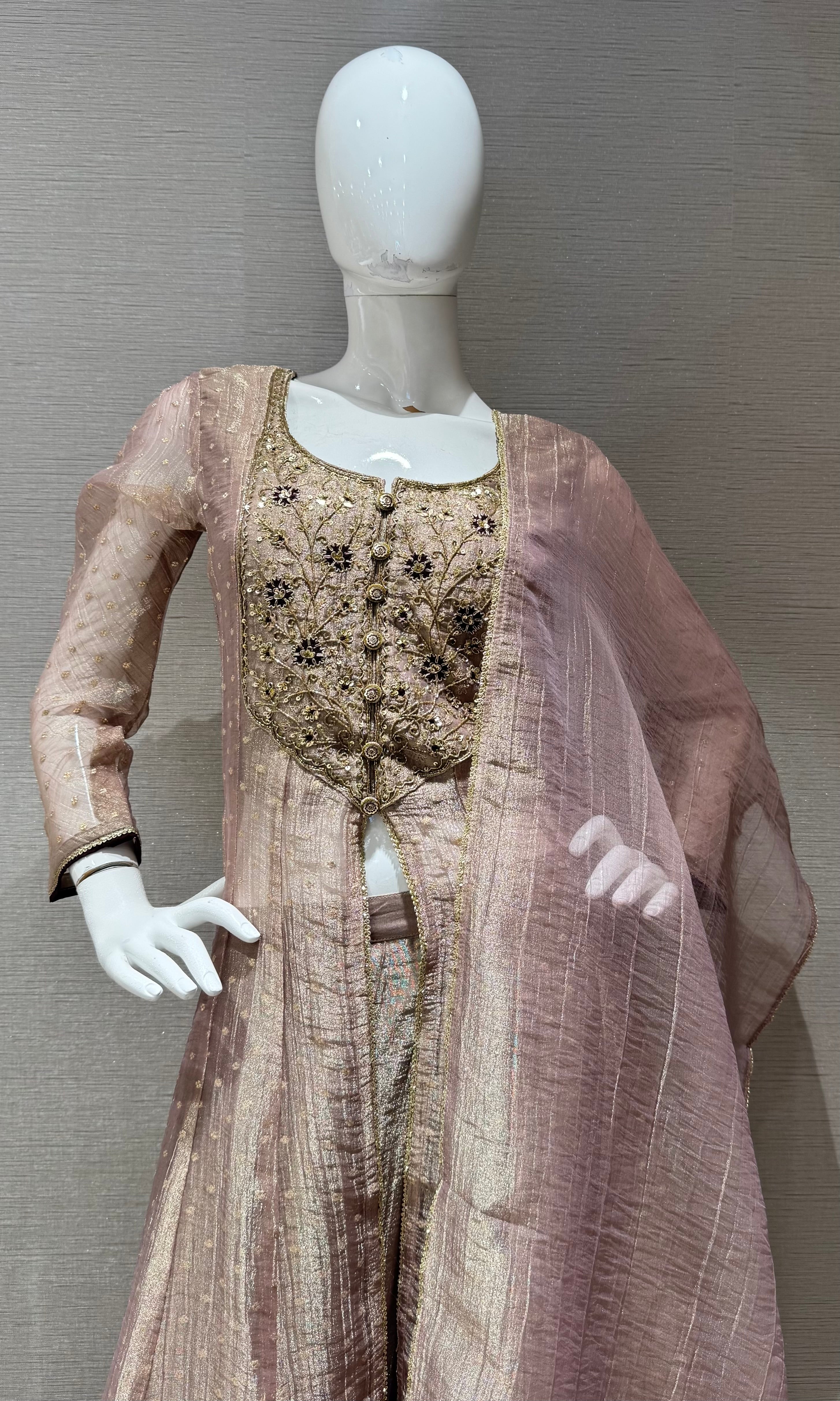 Greyish taupe tissue front slit anarkali with palazzo pants