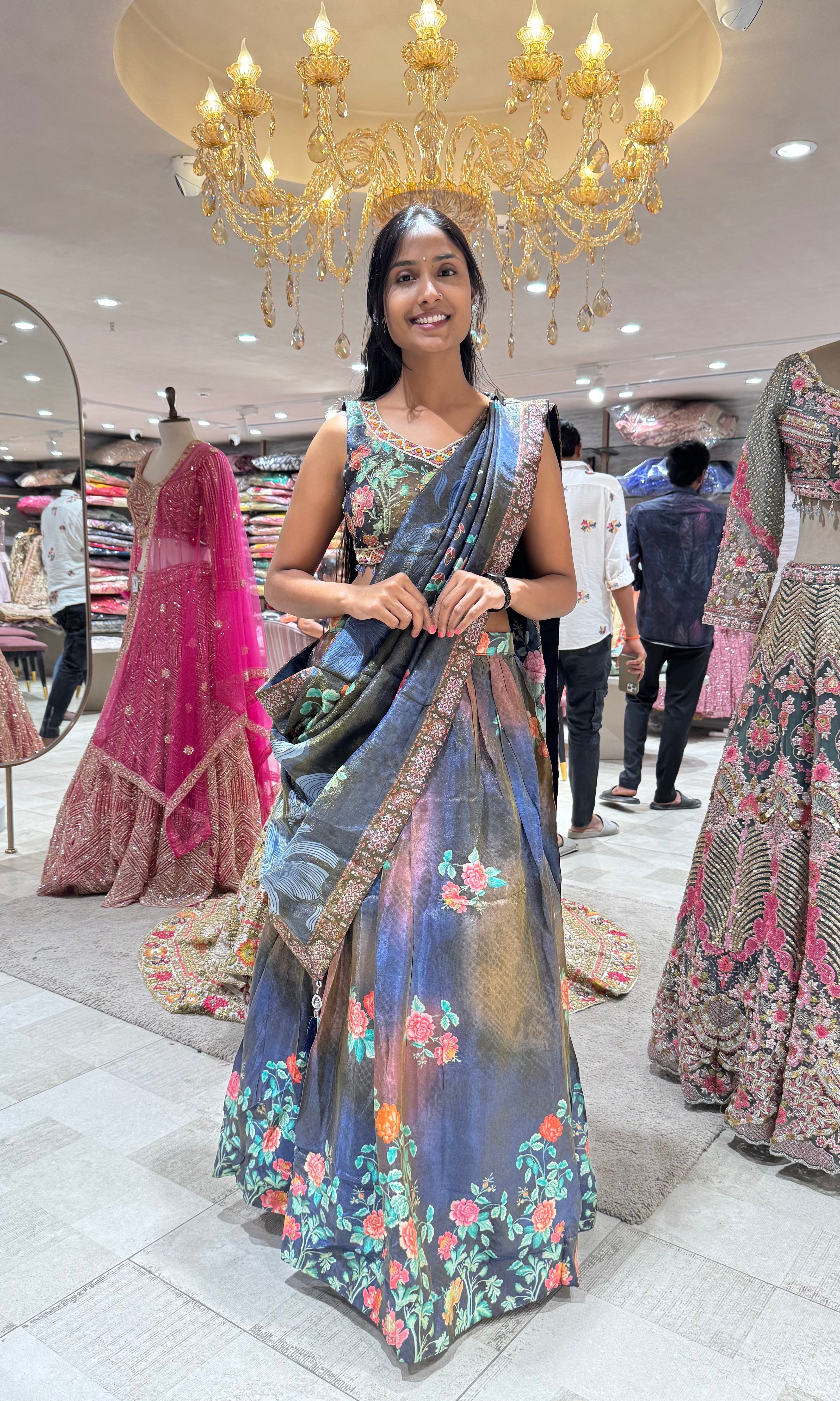 NAVY BLUE Artistic Crepe Saree Floral Motifs and Embellished Border