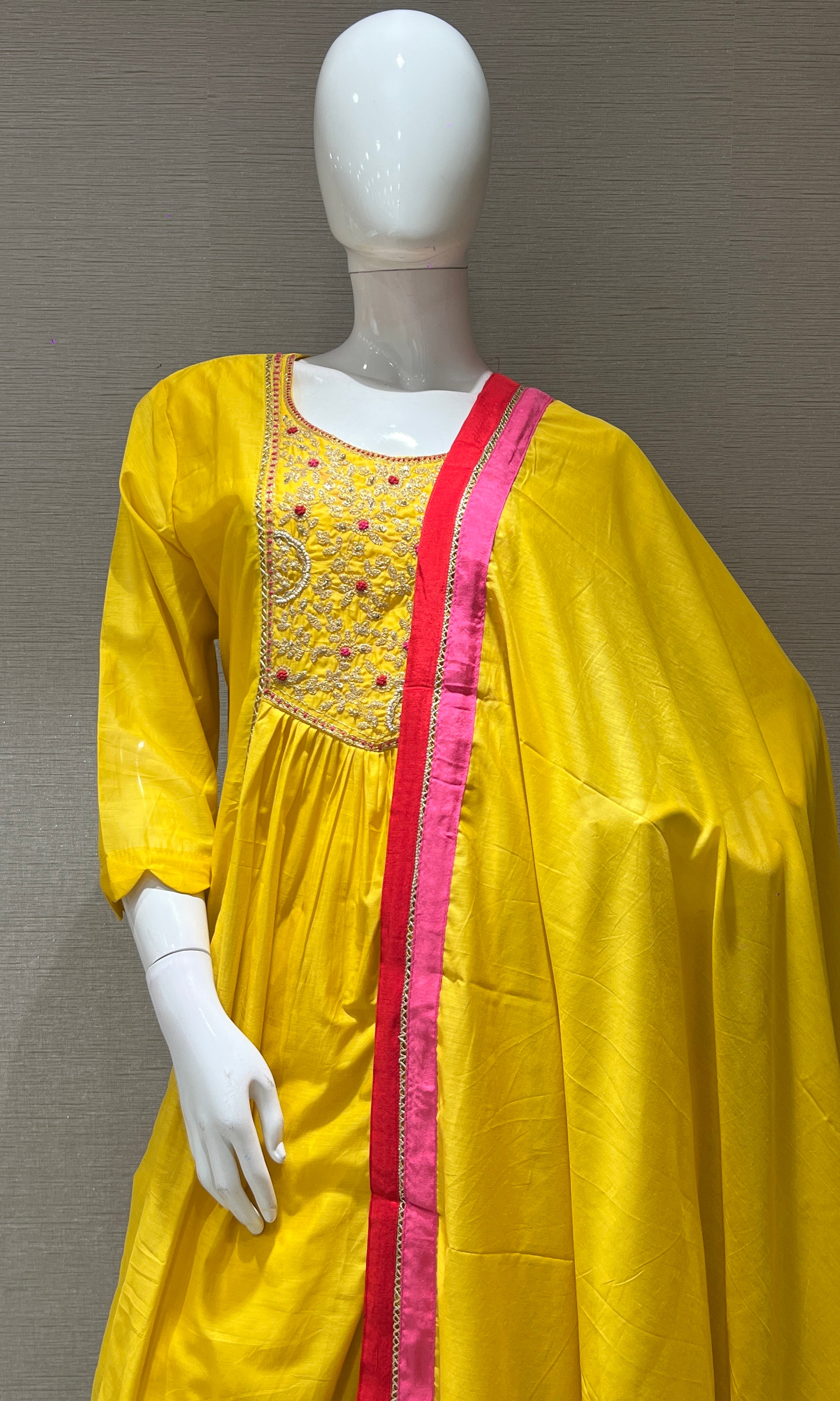 Yellow MUL CHANDERI ANARKALI KURTA SET