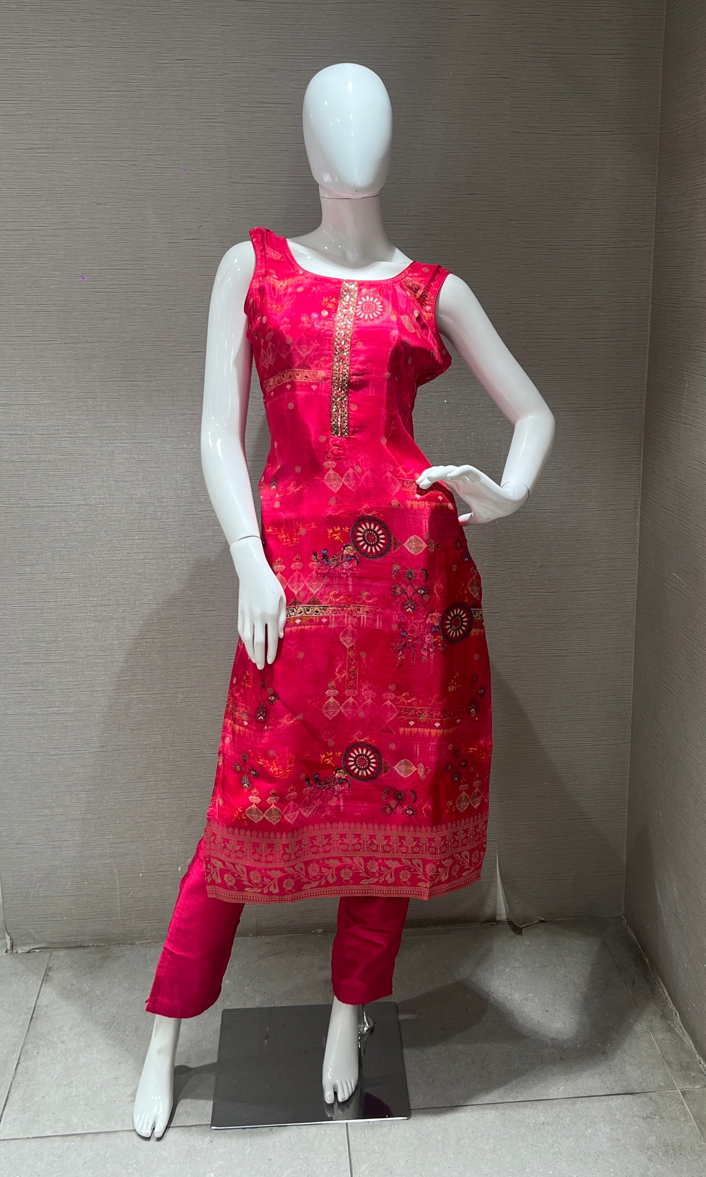 pink kurta set with a printed dupatta