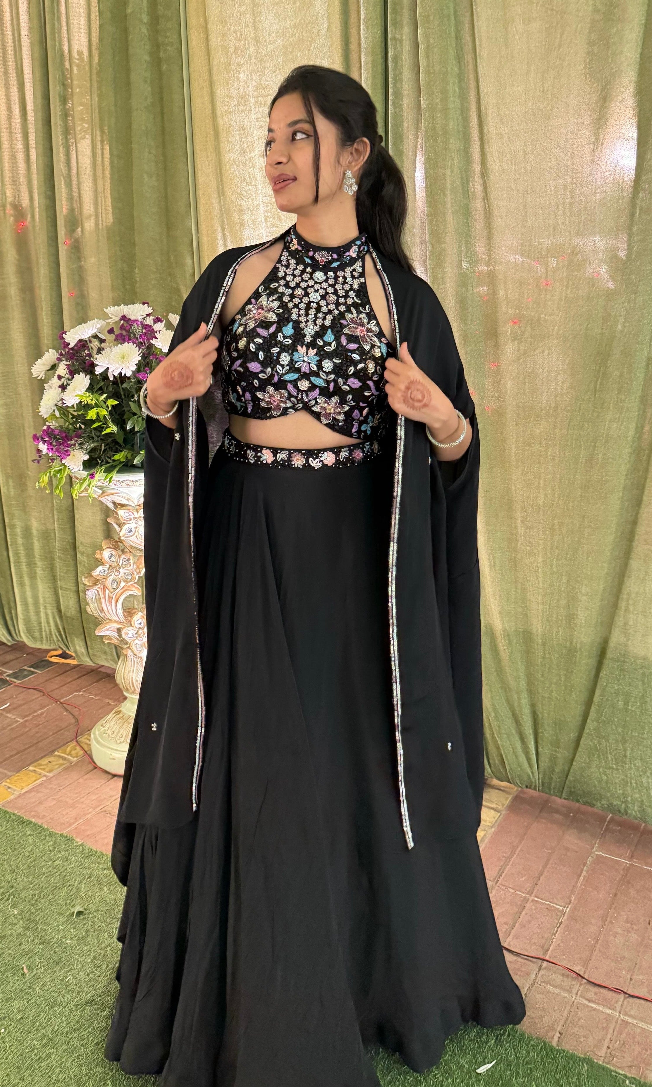 Black Embellished Halter NECK Lehenga WITH CAPE