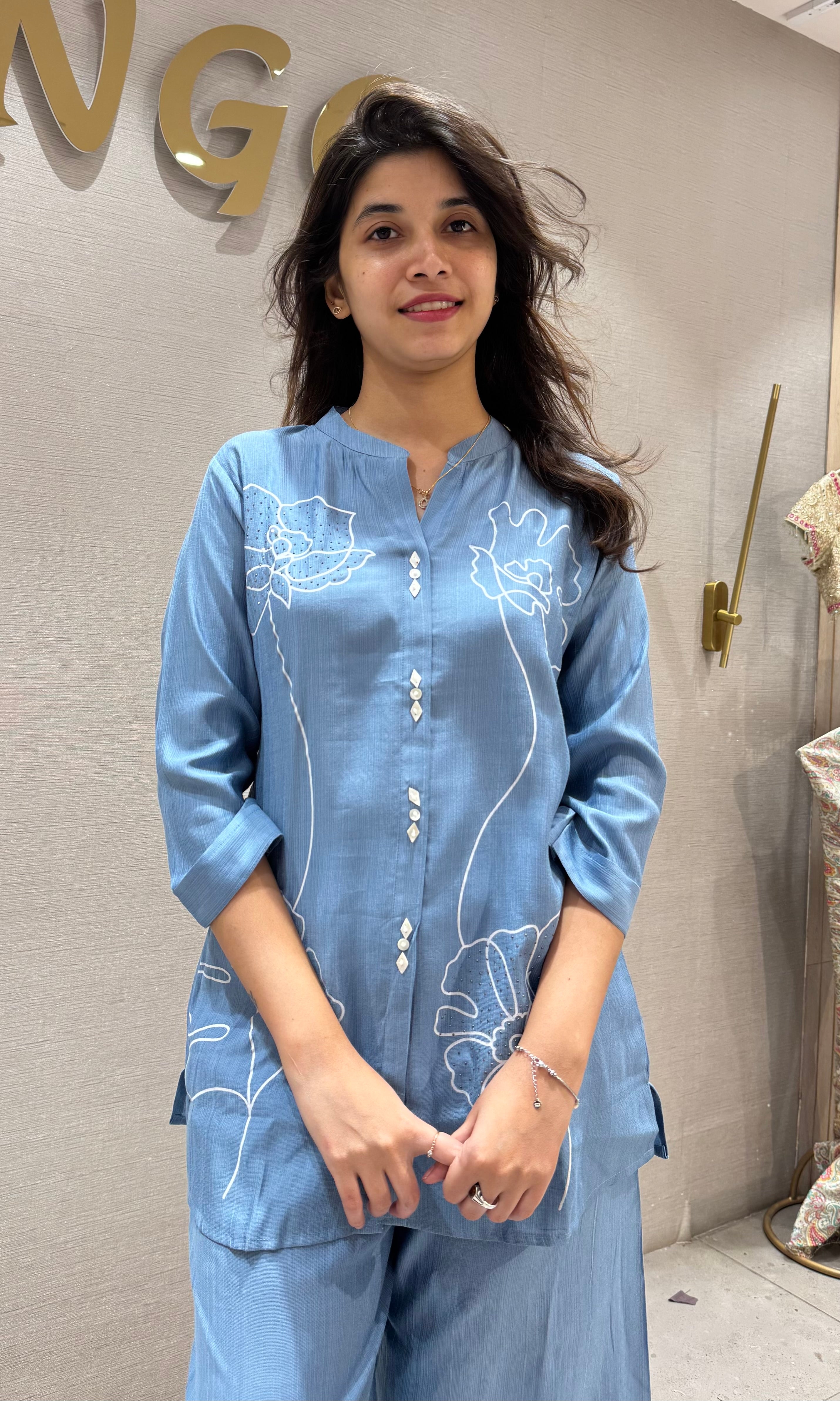 Blue Floral Embroidered Cord Set