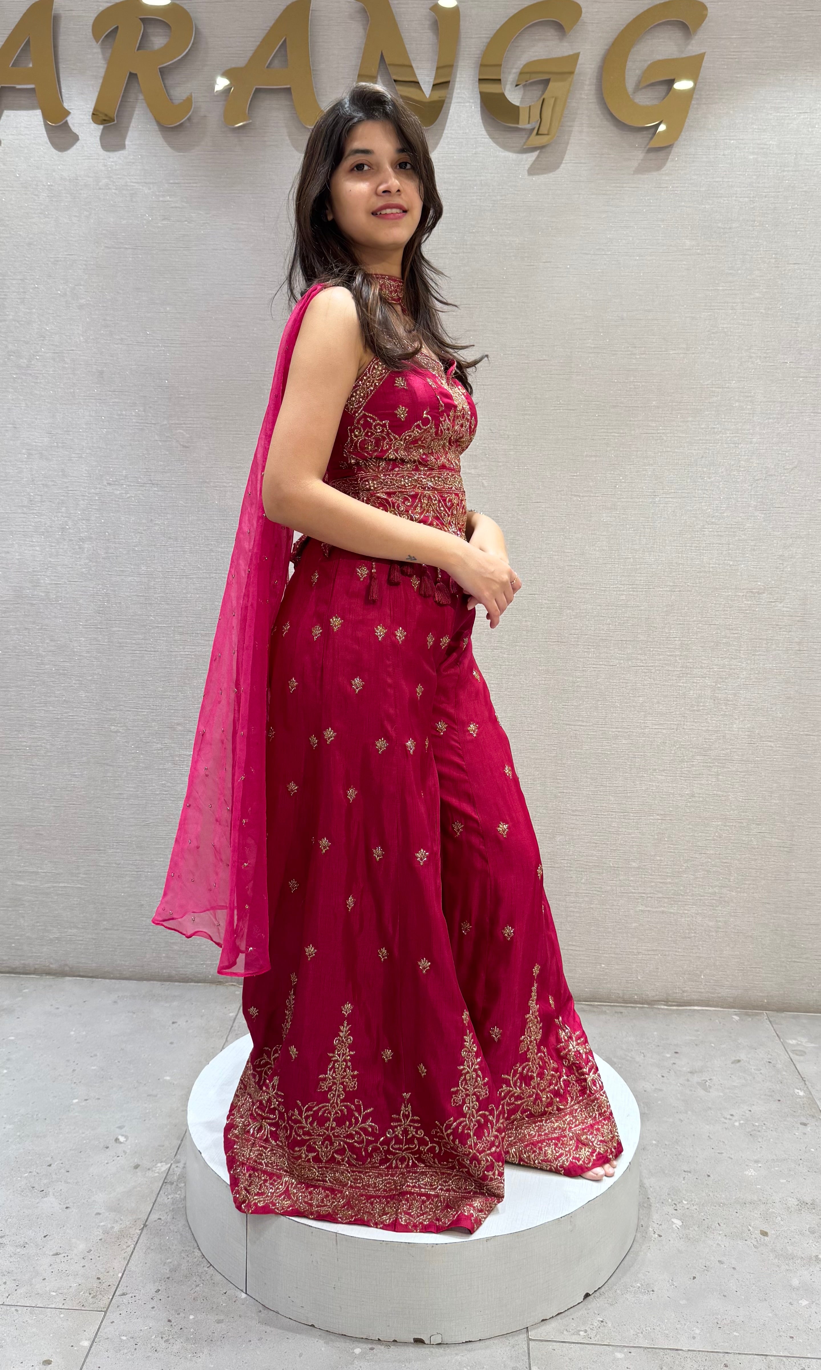 Fuchsia Pink Embroidered Peplum and Palazzo set