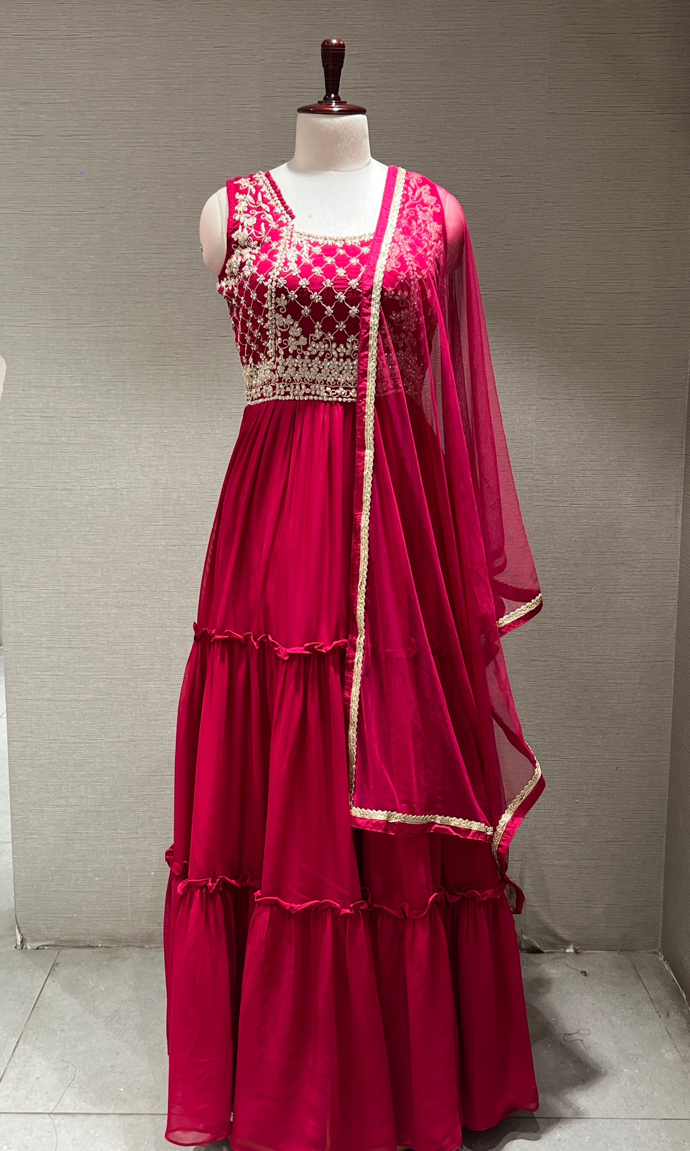 RANI PINK EMBROIDERED RUFFLE ANARKALI GOWN