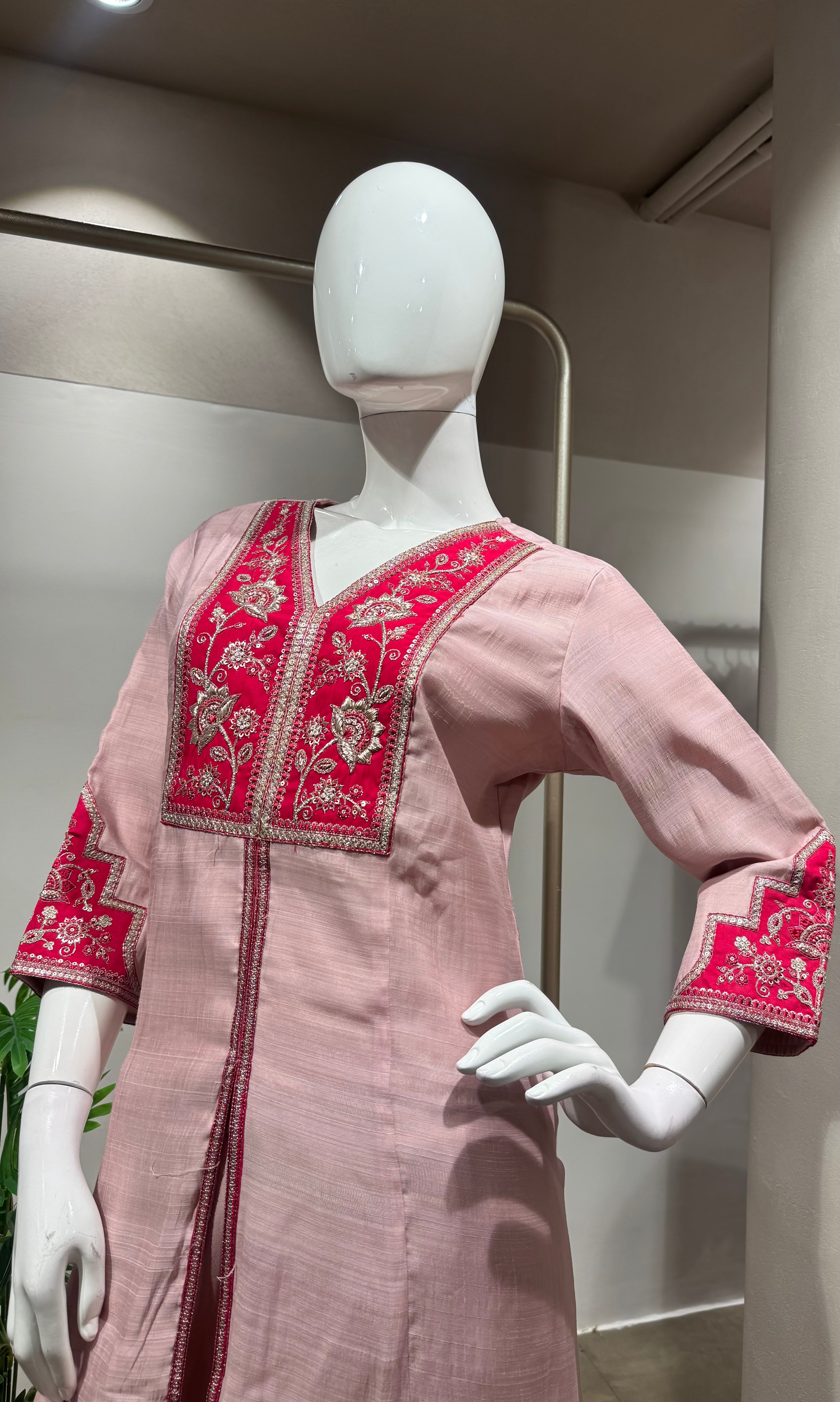 PINK EMBROIDERED FRONT SLIT KURTA SET