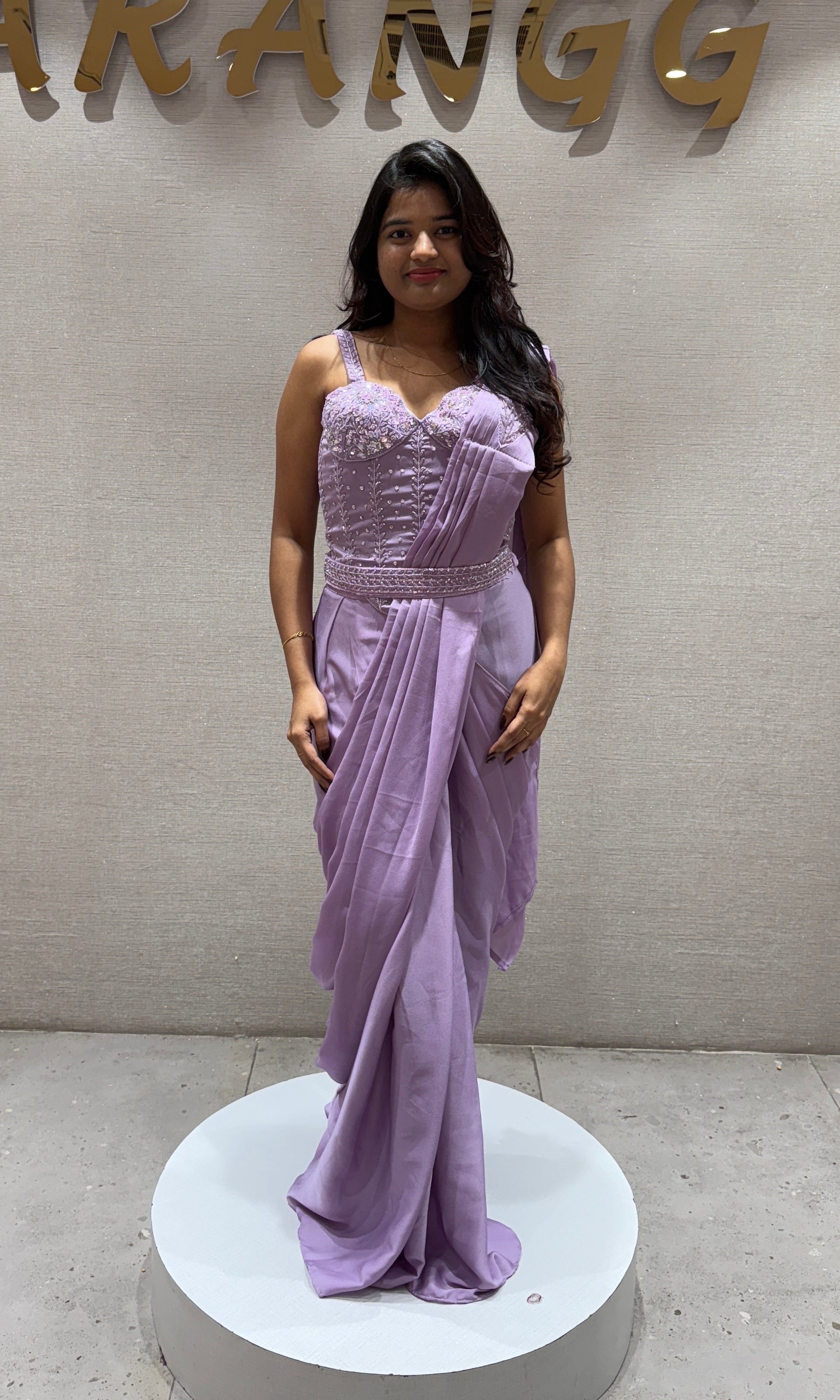Lilac Draped Saree with Embellished Blouse