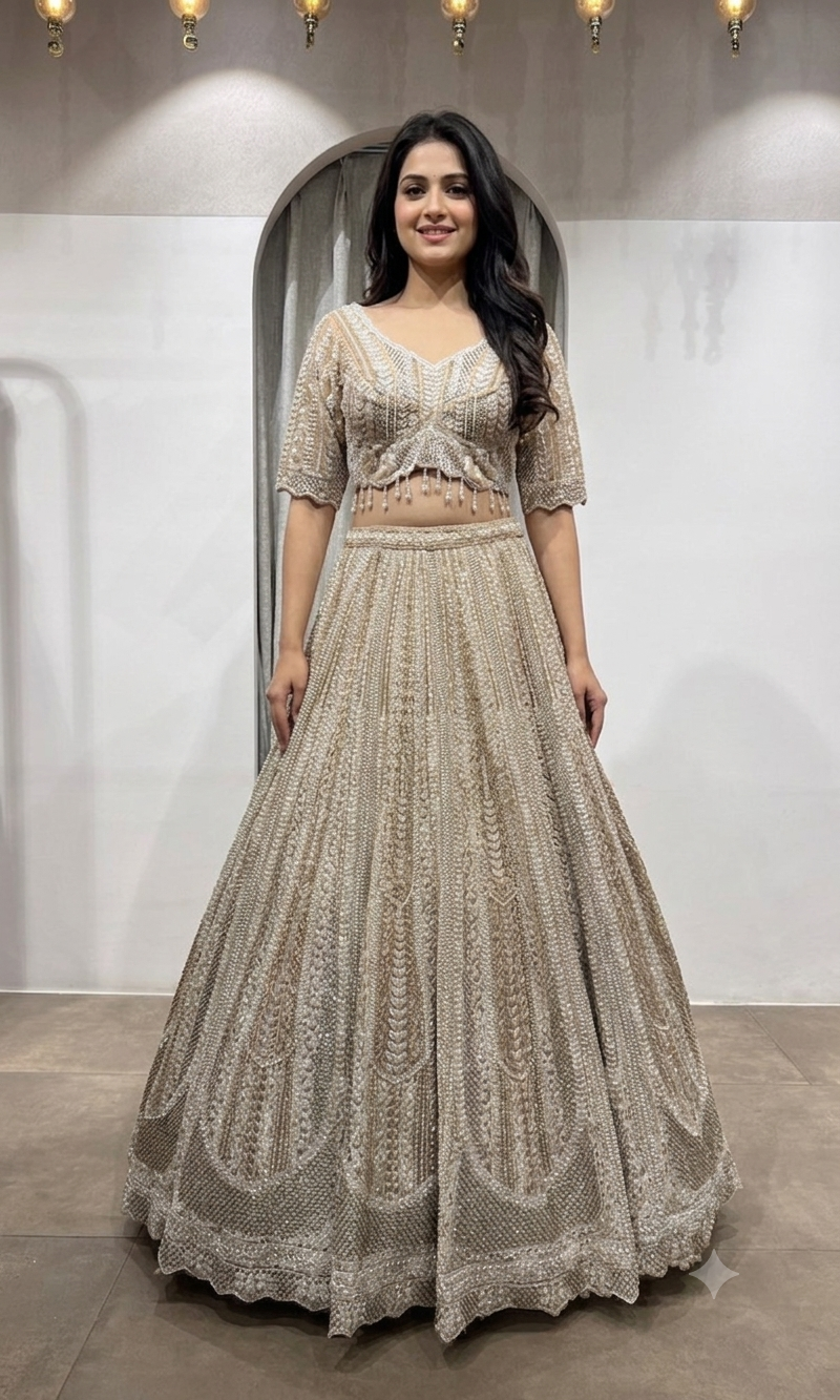 Biege Gold Heavy Embroidered Designer Lehenga Set