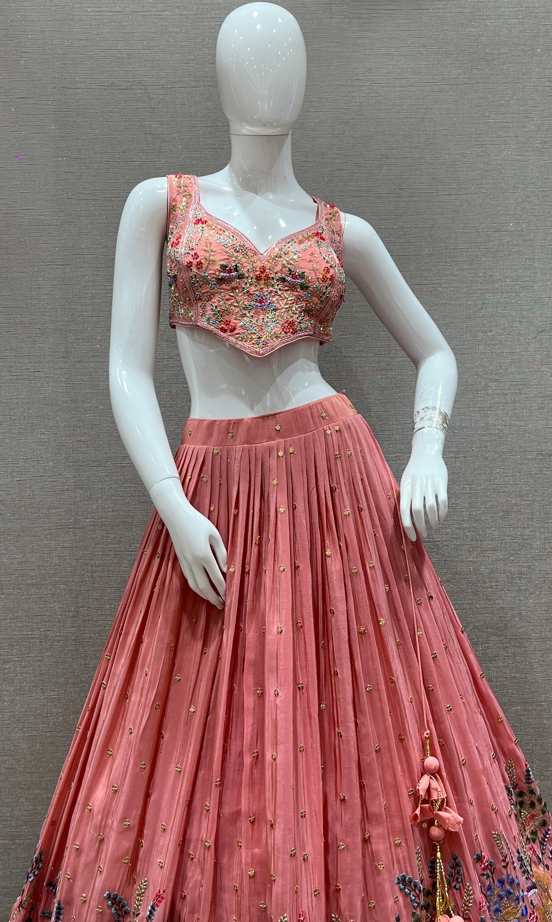 Designer Peach Floral Embroidery Lehenga