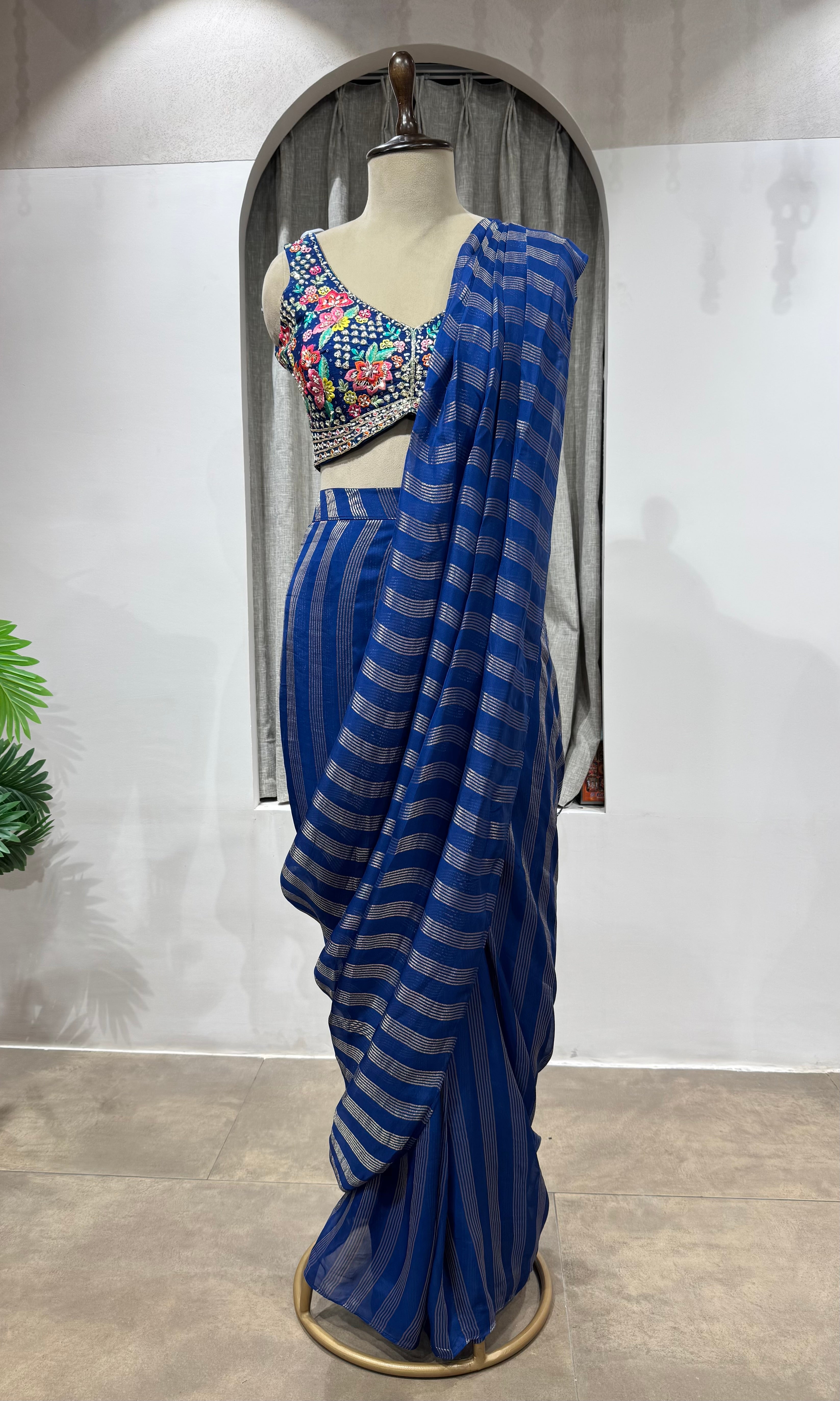 blue and silver striped Drape saree with intricate blouse