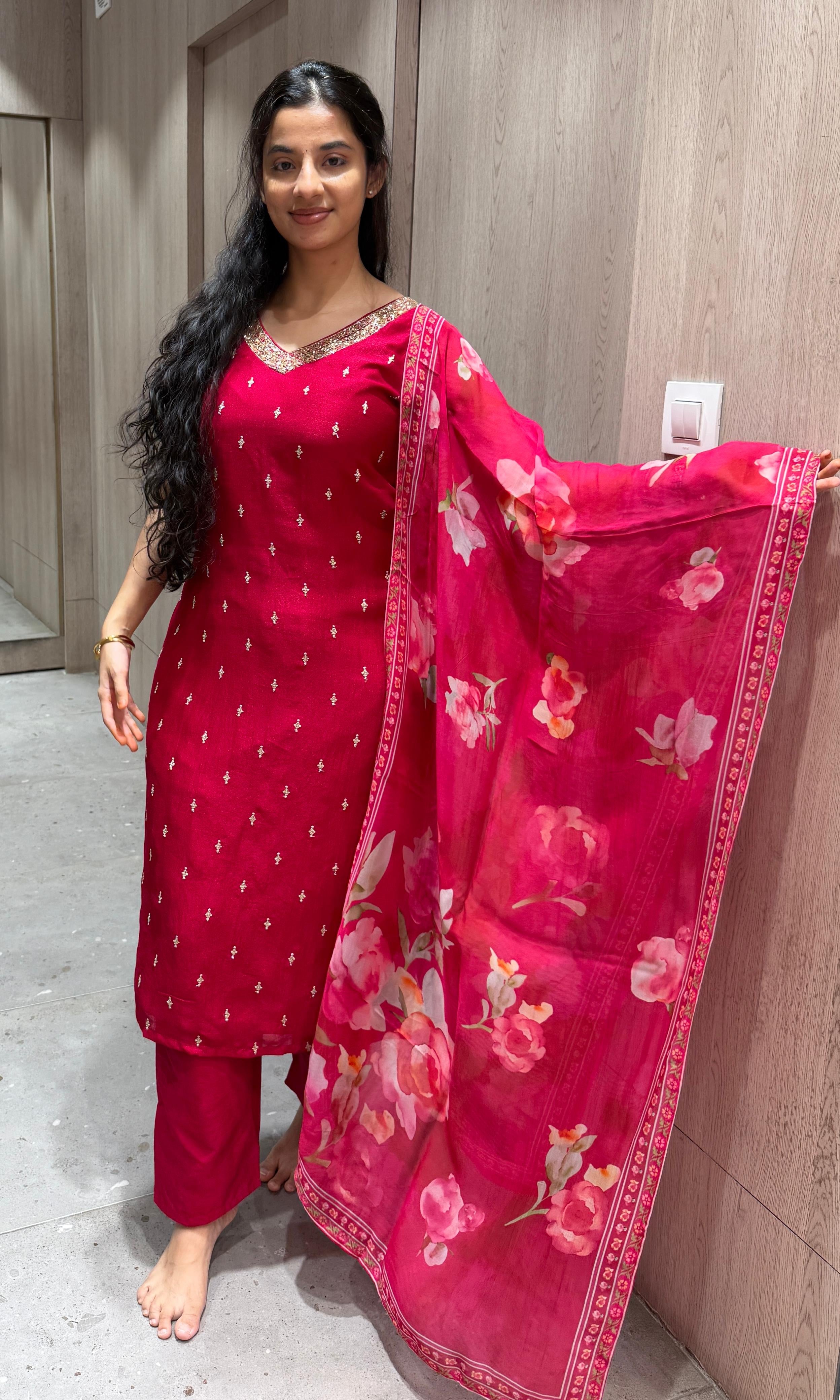 Pink Kurta Set WITH FLORAL DUPATTA