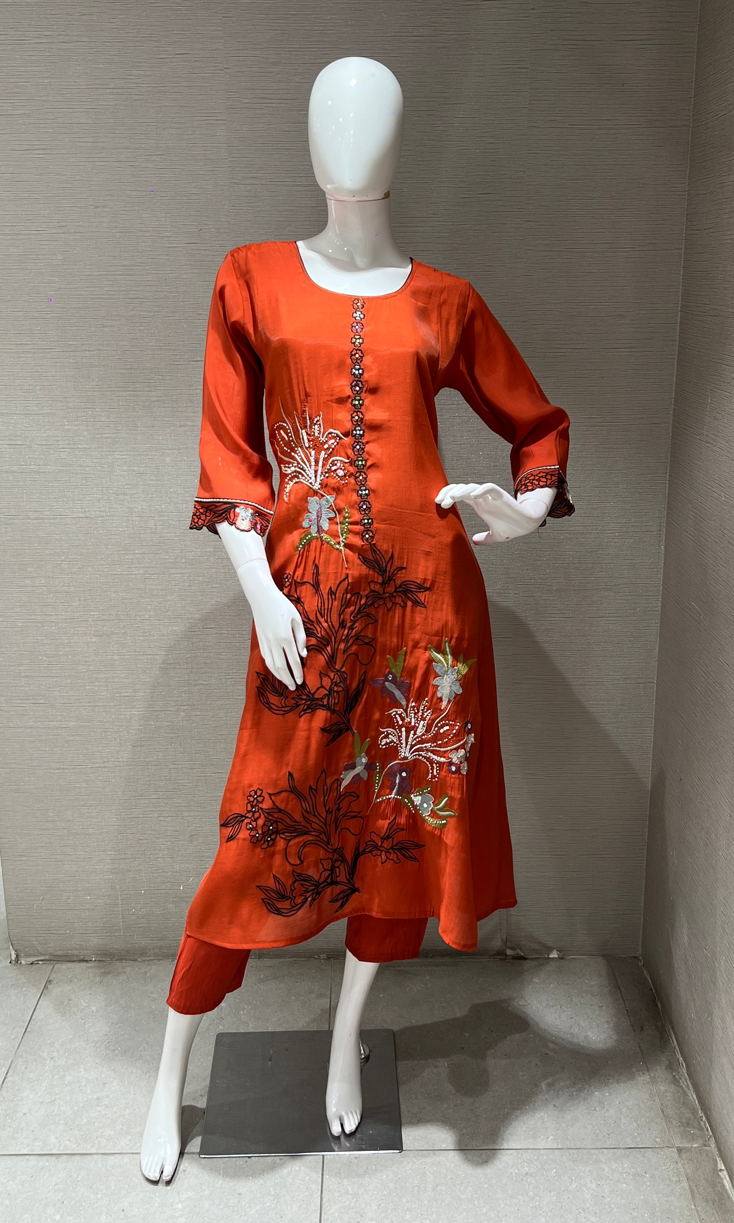 RUST Floral Embellished MUL CHANDERI KURTA SET