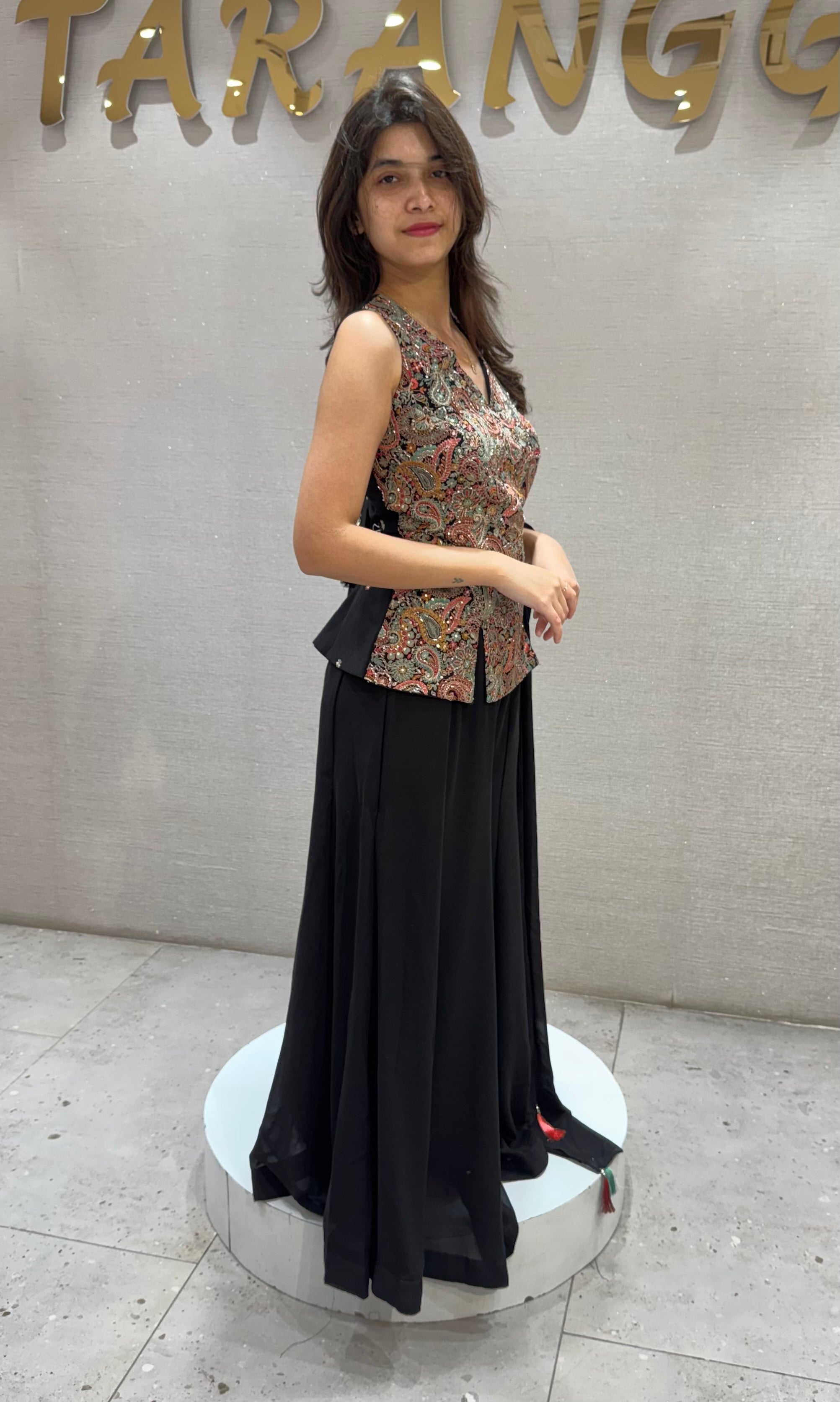 Black Floral Print Peplum palazzo set