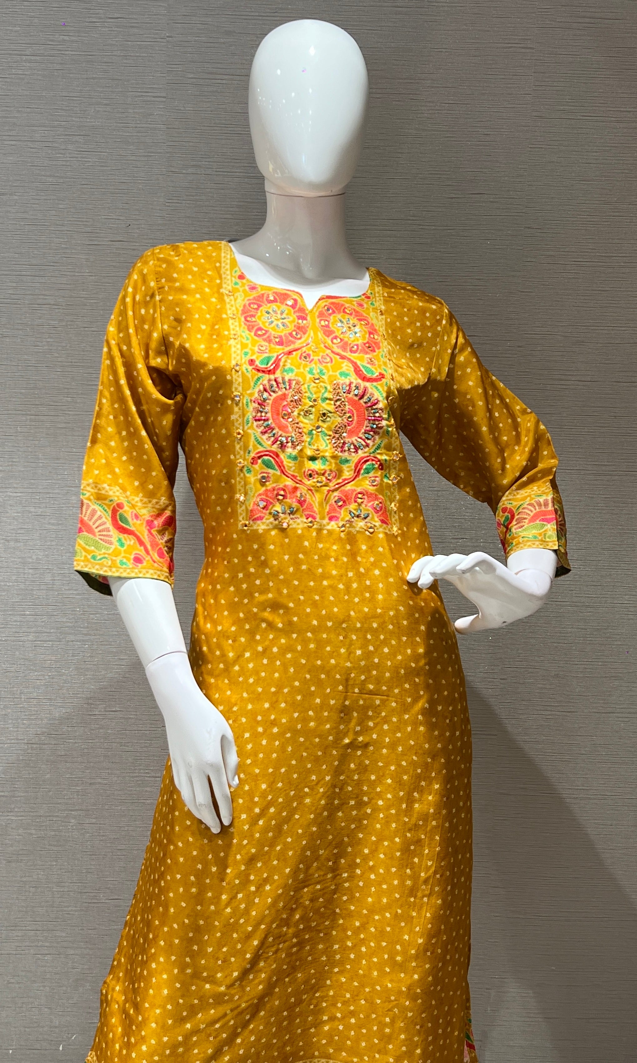 Mustard yellow floral embroidered kurta set