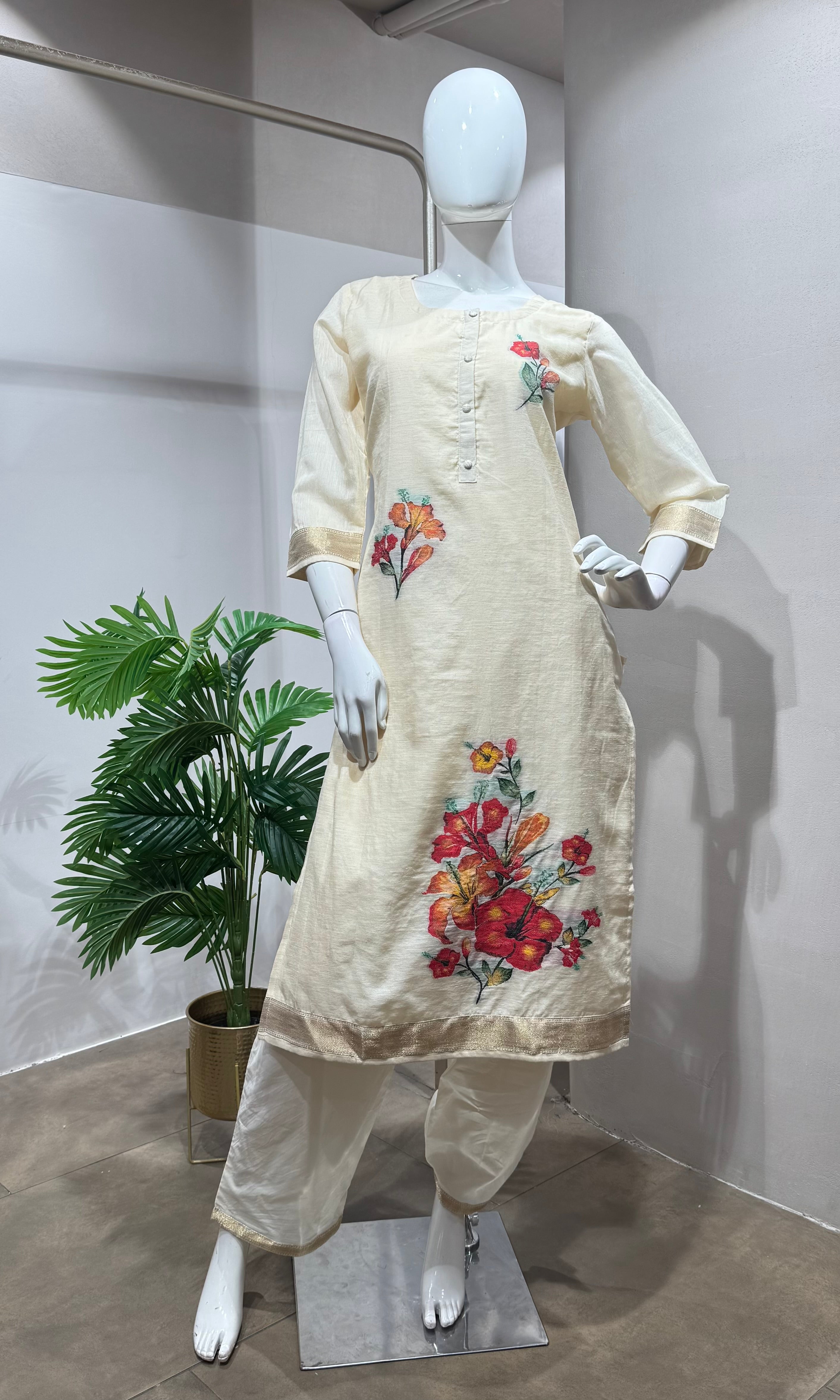 Cream floral embroidered kurta set