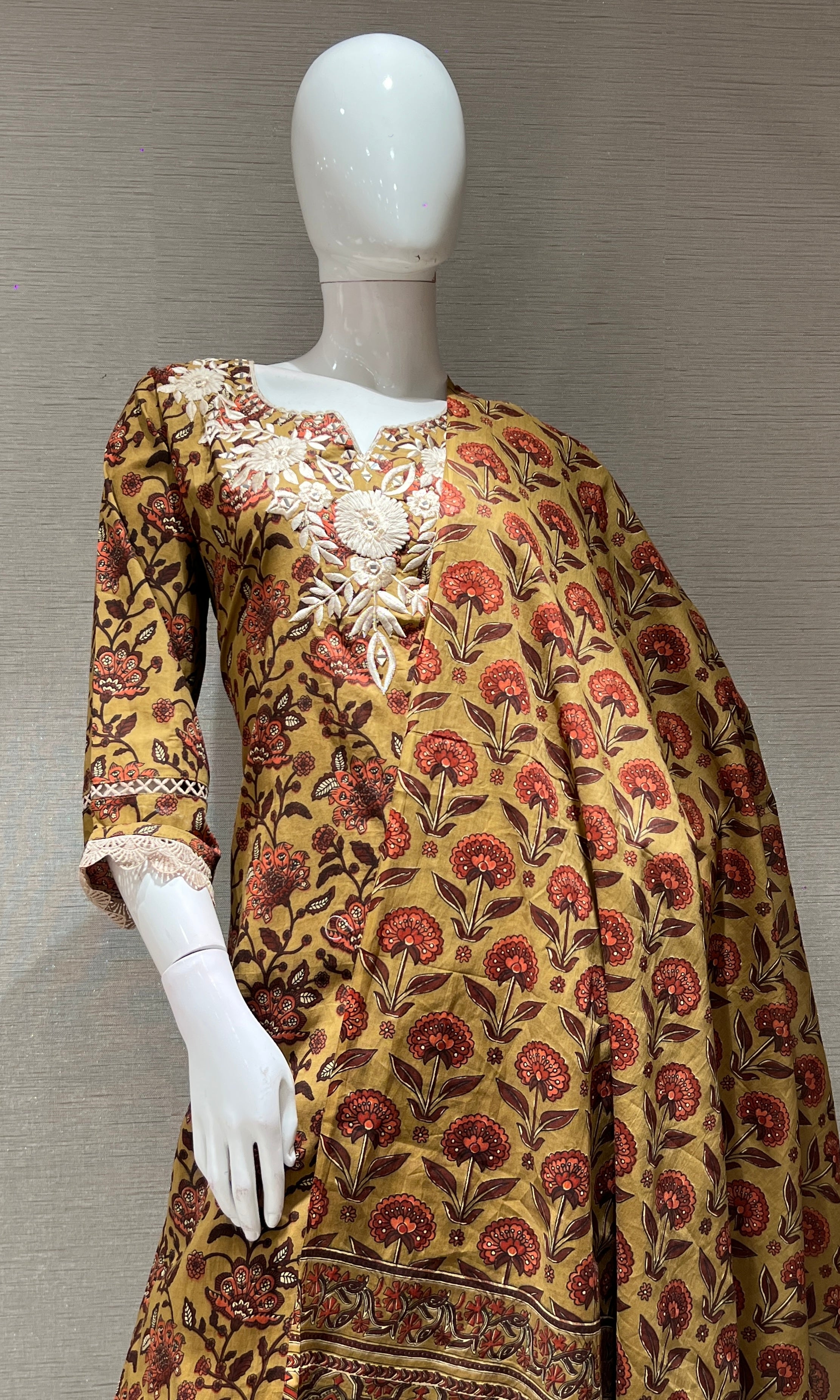 MUSTARD YELLOW printed EMBROIDERED KURTA SET