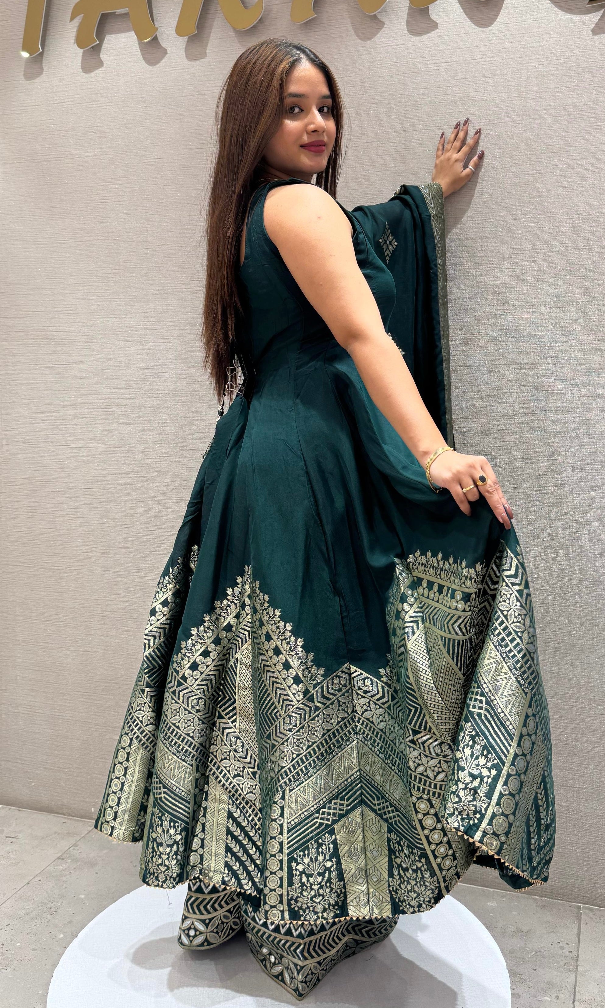 GREEN BANARASI ANARKALI WITH PALAZZO