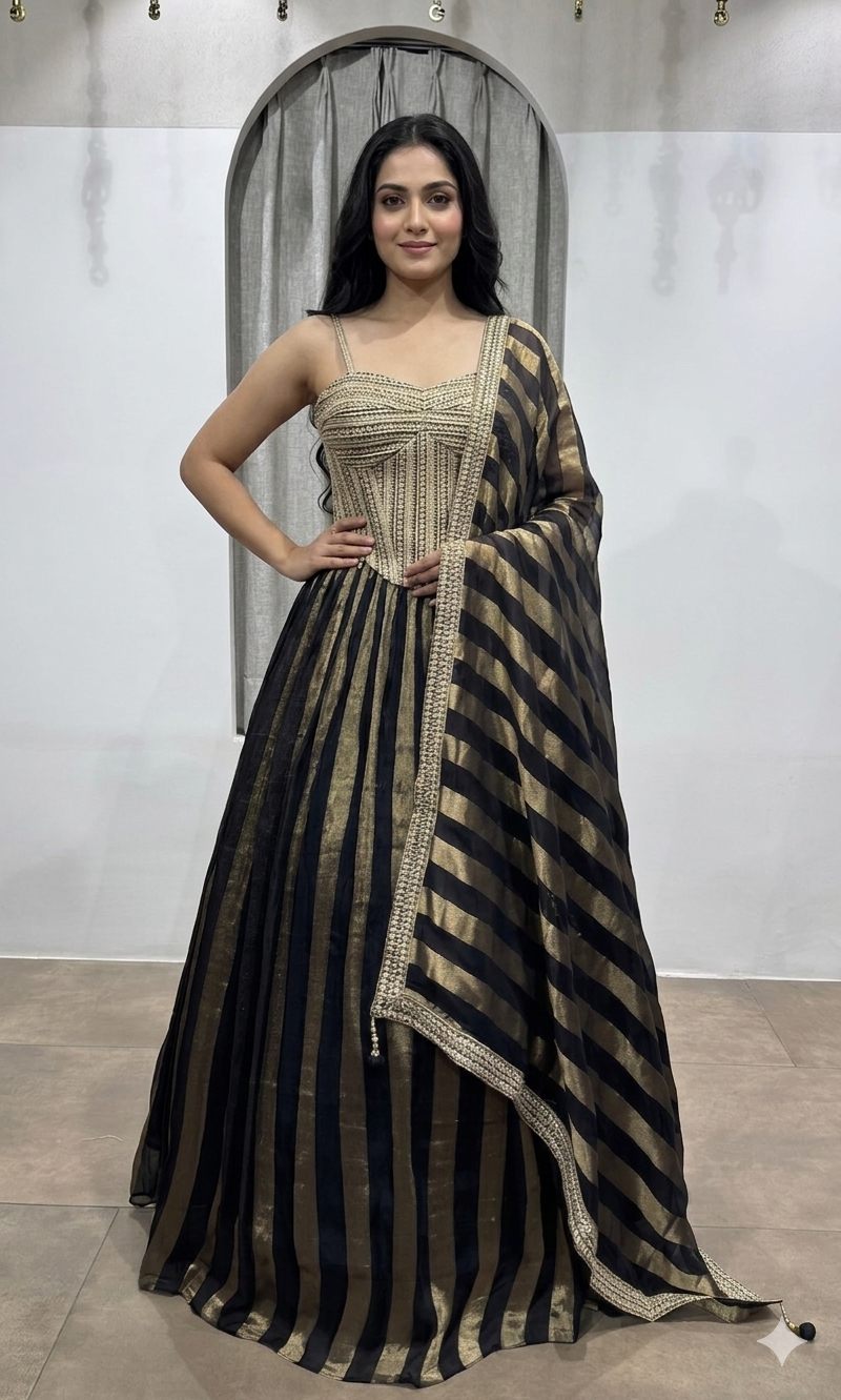 black and gold striped corset lehenga