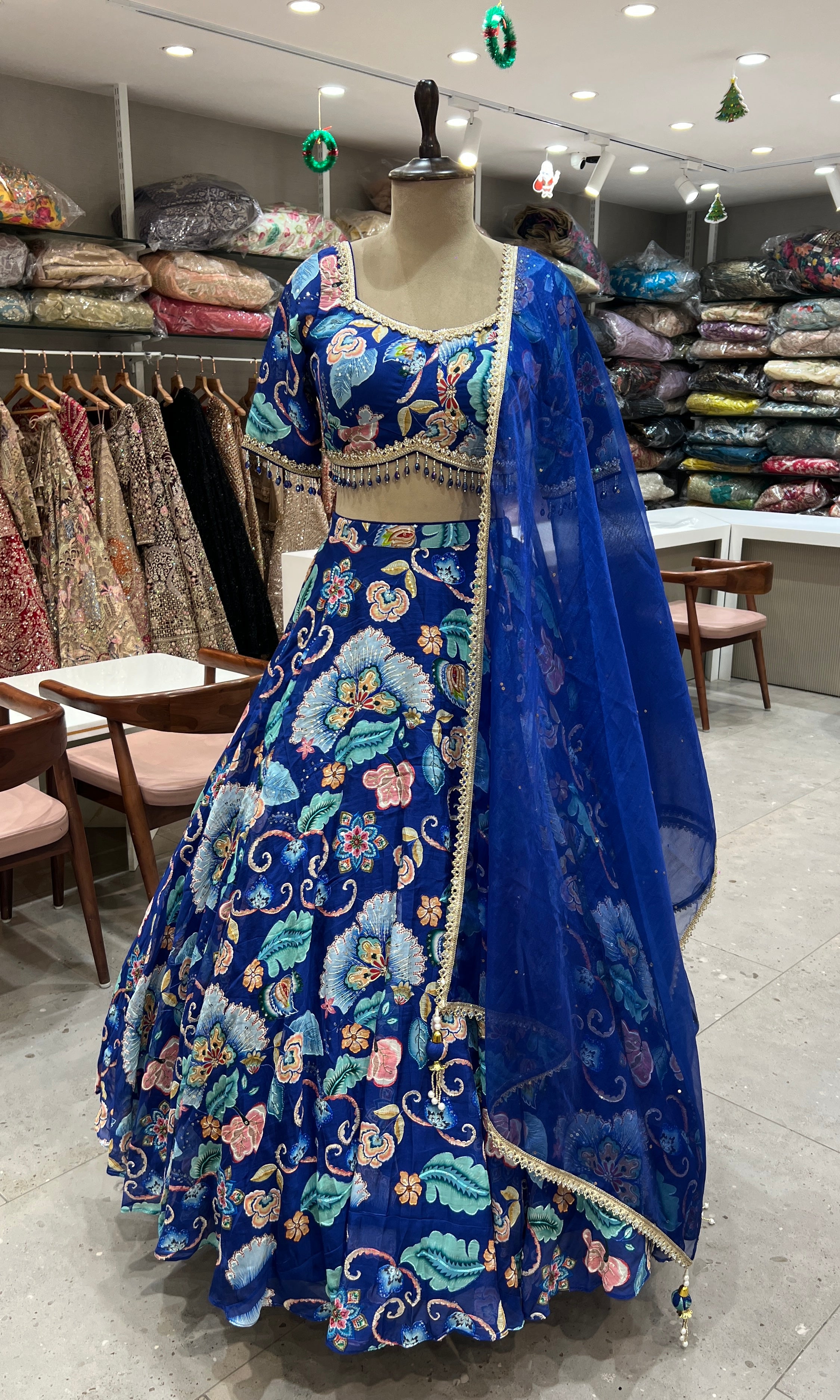 Royal Blue Floral Embroidered Lehenga