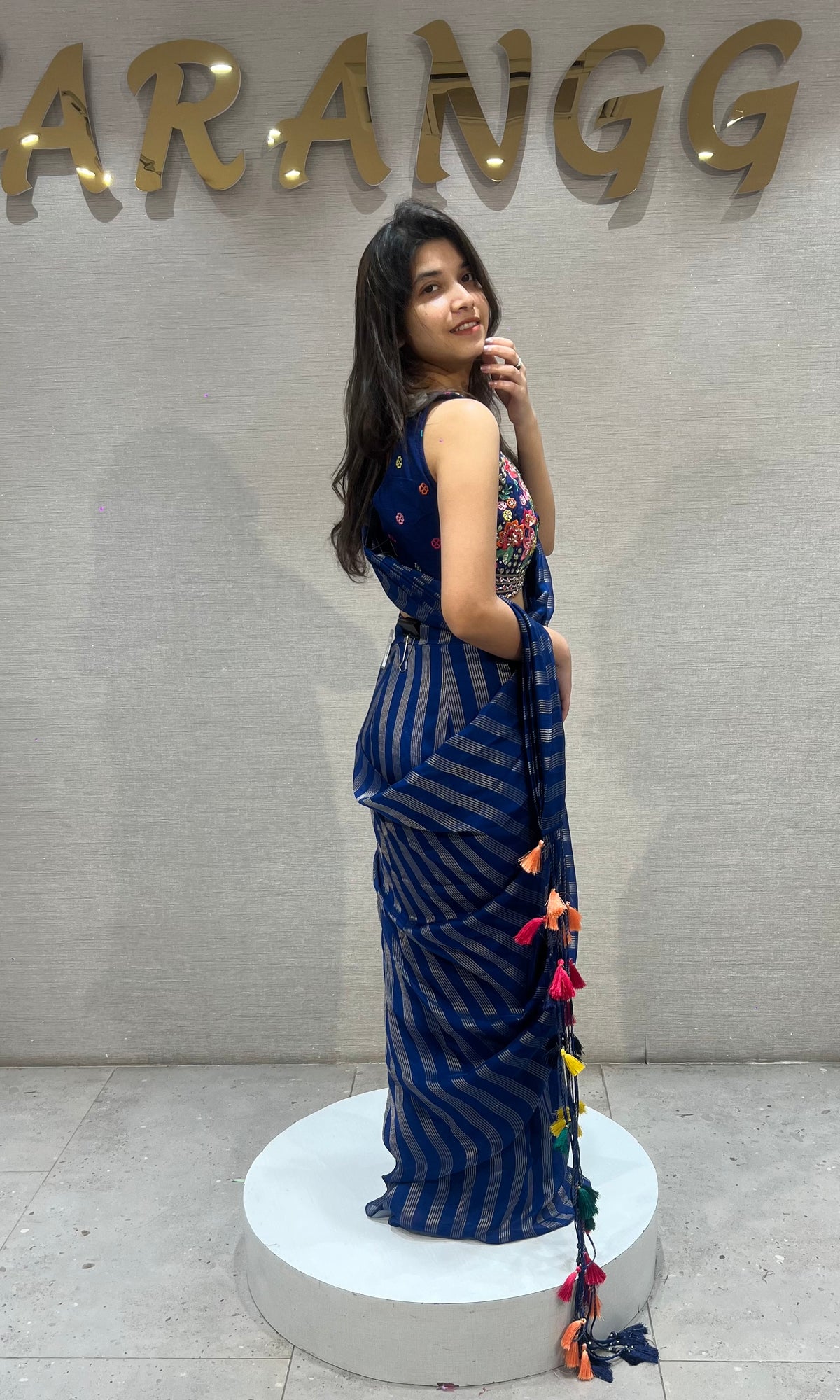 blue and silver striped Drape saree with intricate blouse