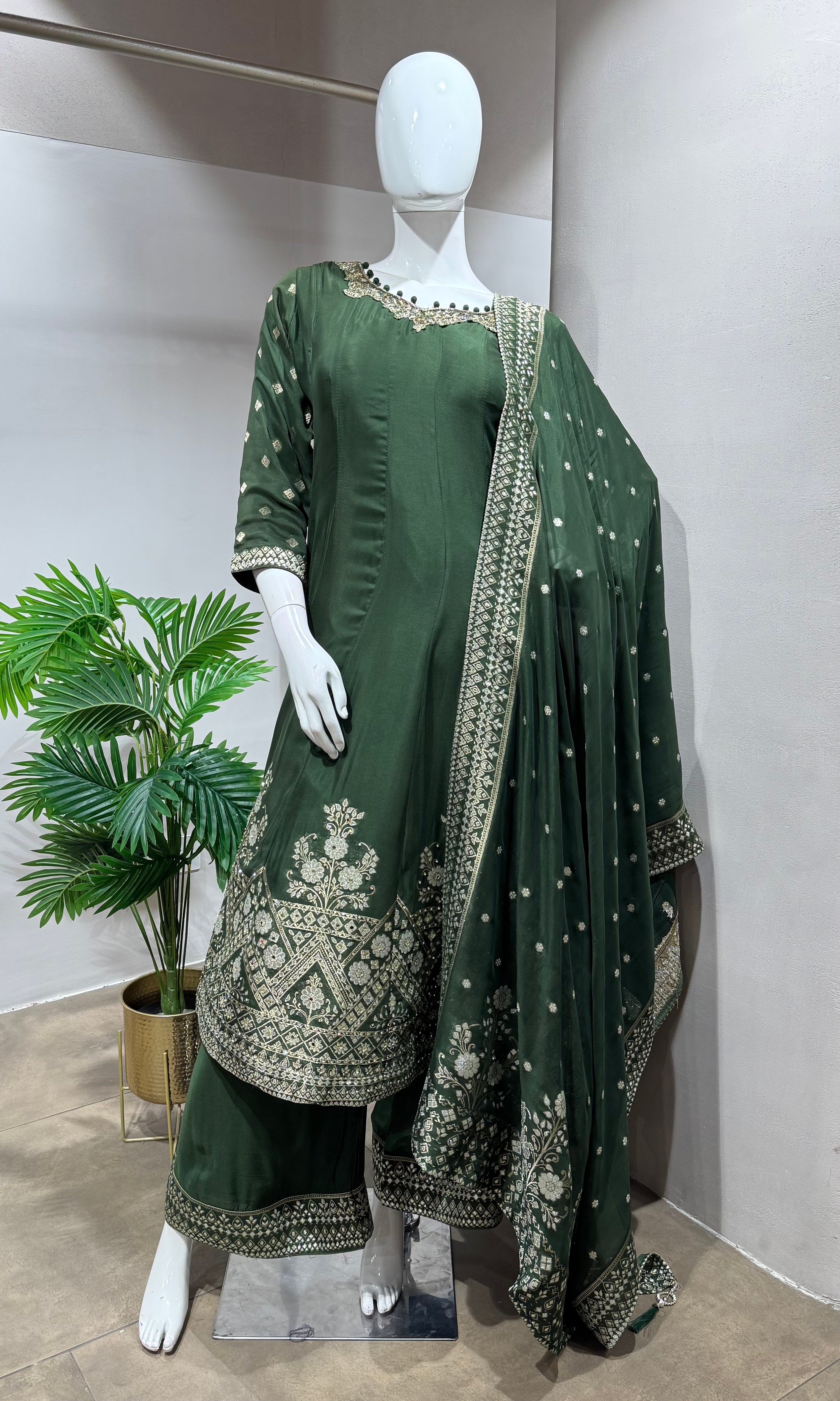 BOTTLE GREEN ANARKALI WITH Palazzo PANTS