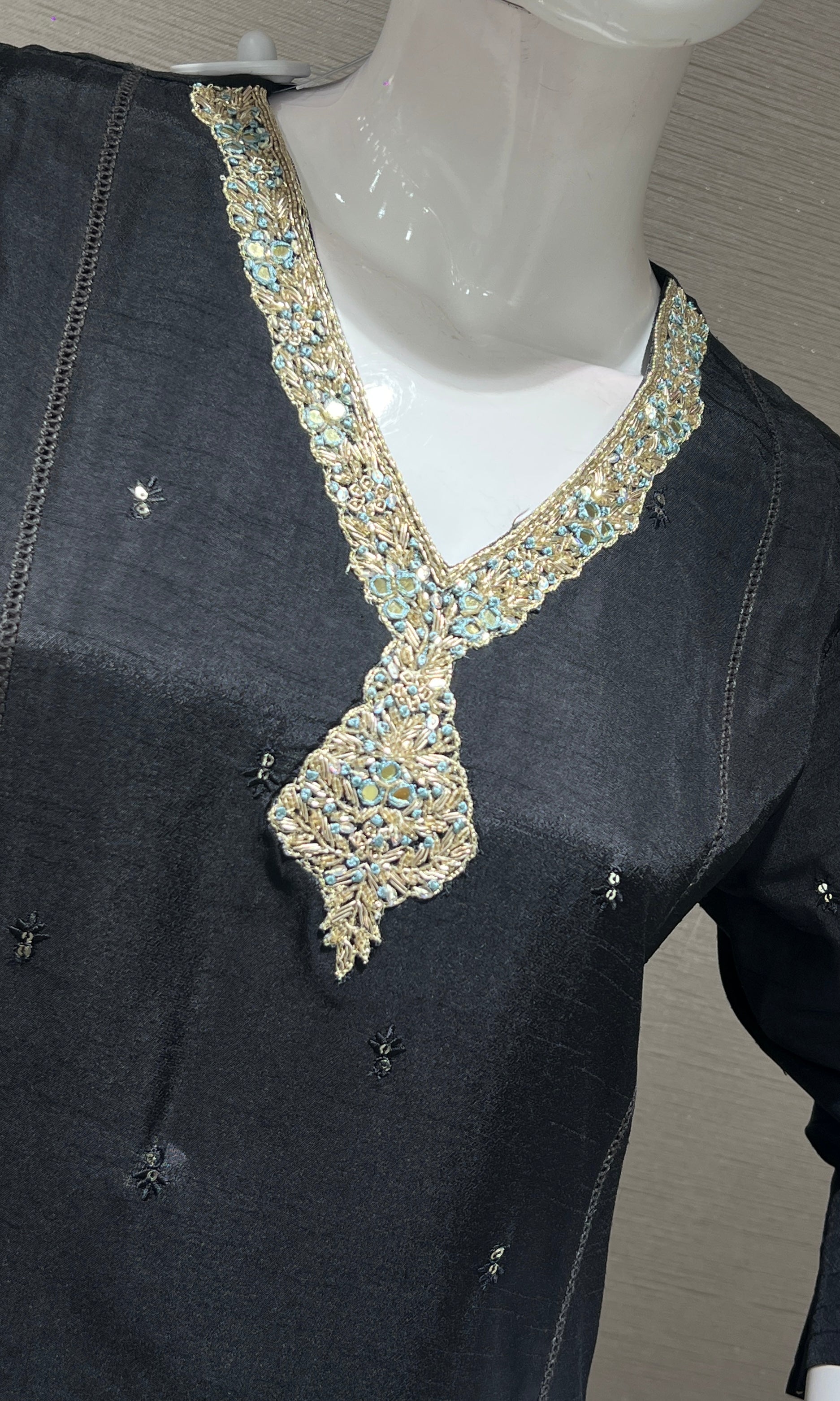 black kurta set with floral printed dupatta