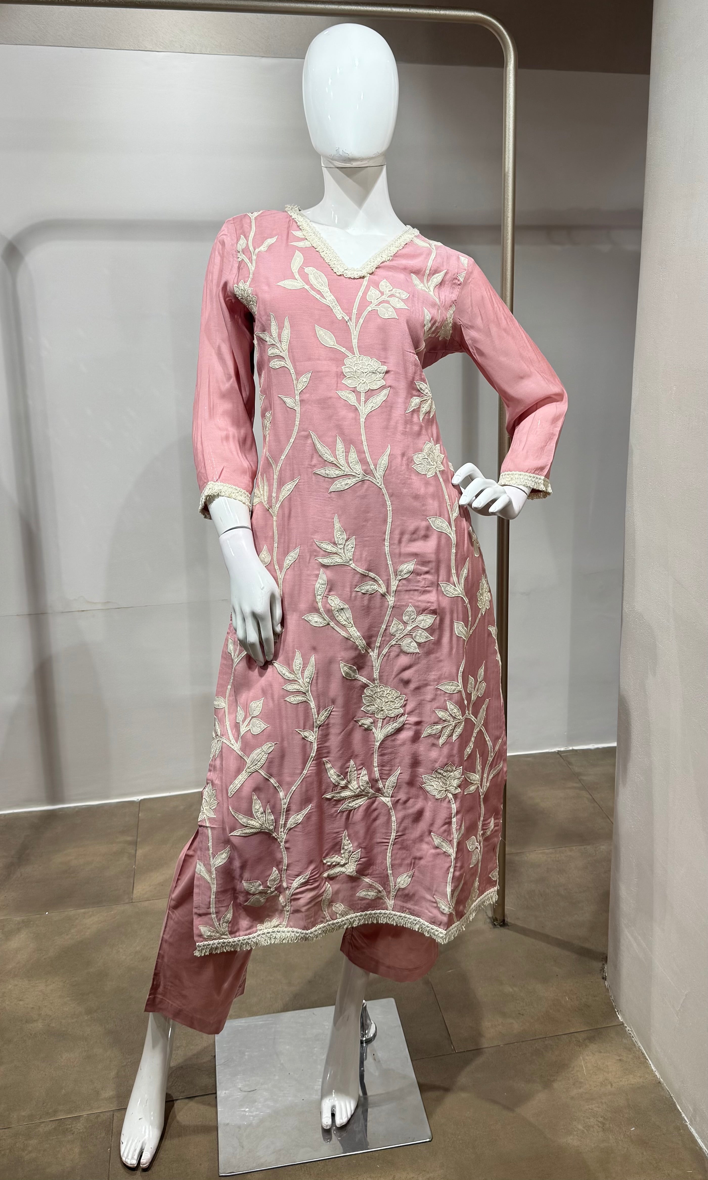 Rose Pink Floral Embroidered Kurta Set