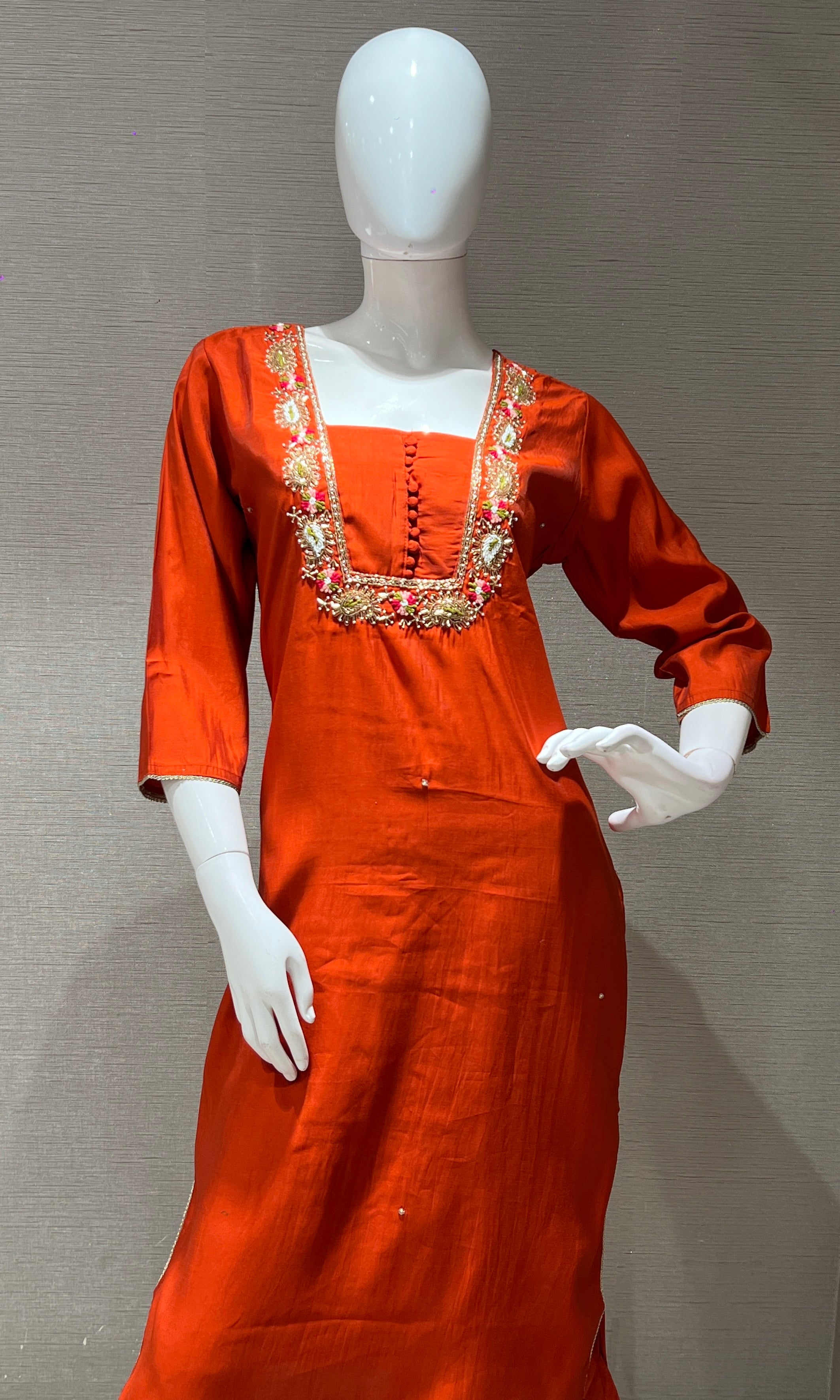 Rust orange embroidered kurti with printed dupatta