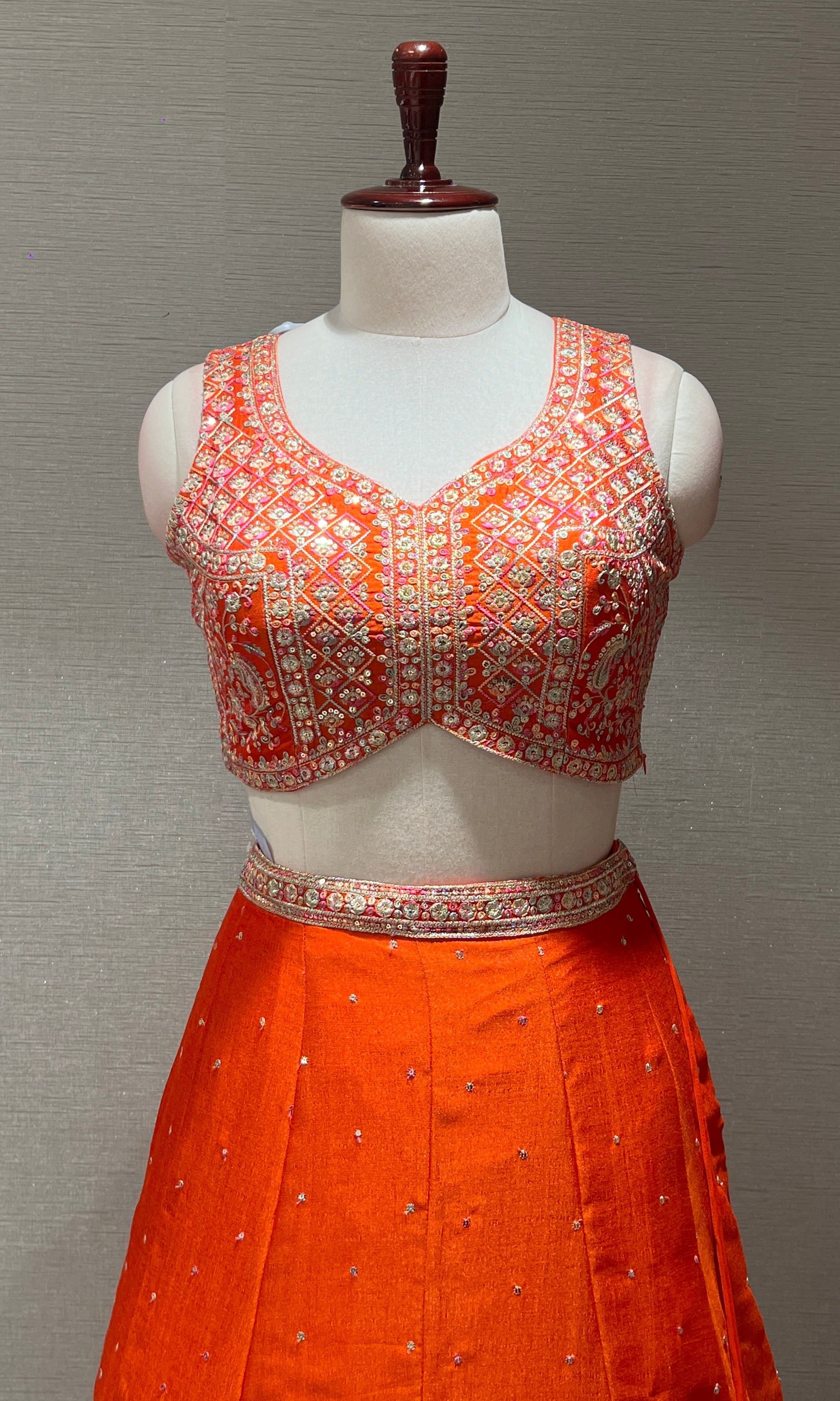 Orange Mirrorwork Embroidered Lehenga Set