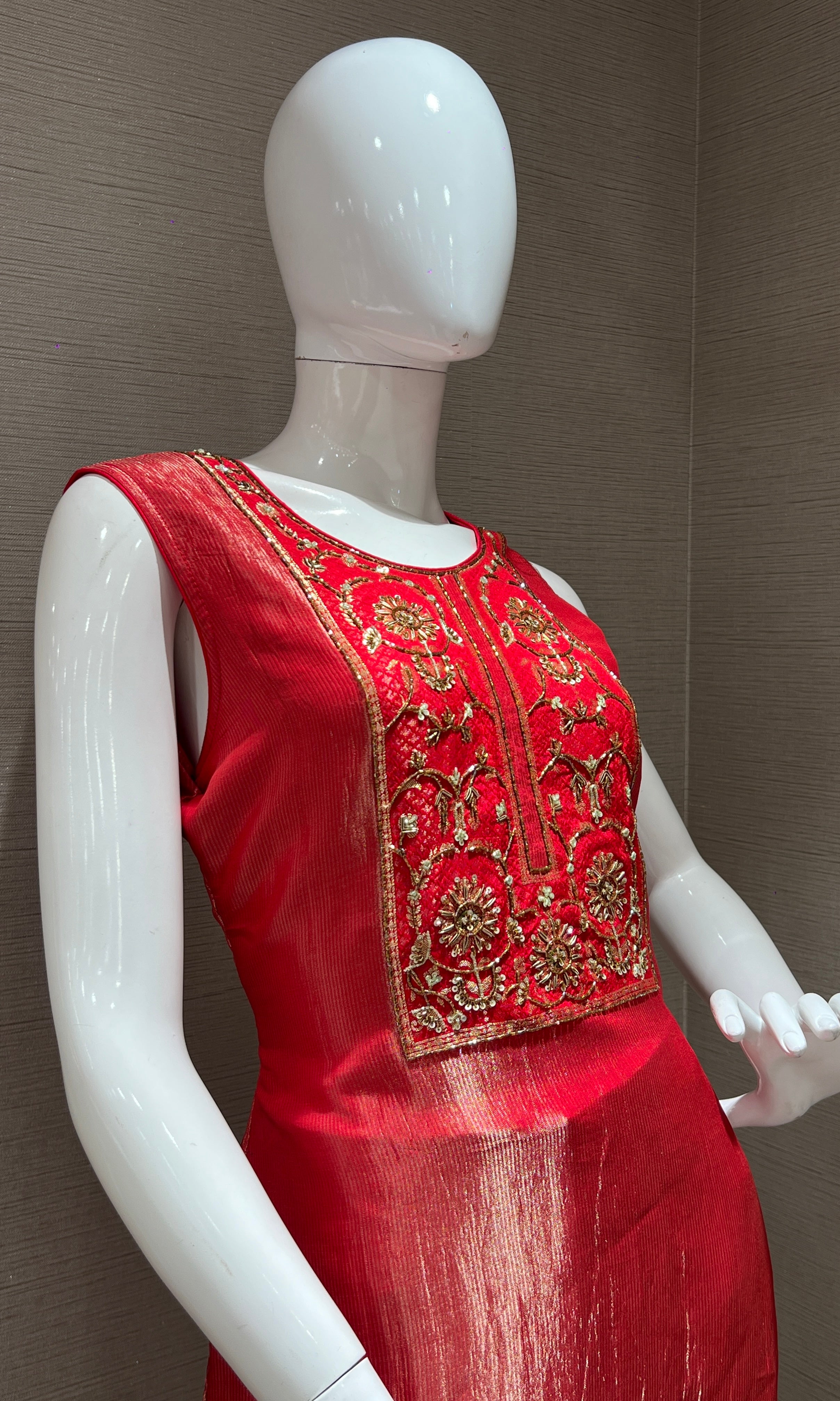 Red shimmer tissue kurta set