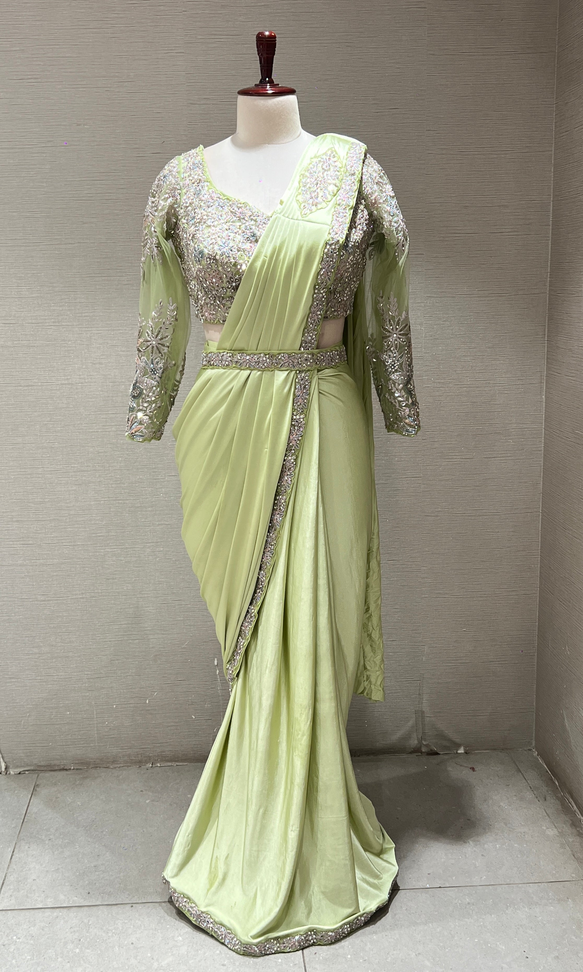 GREEN DRAPE SAREE WITH FLORAL BLOUSE & BELT