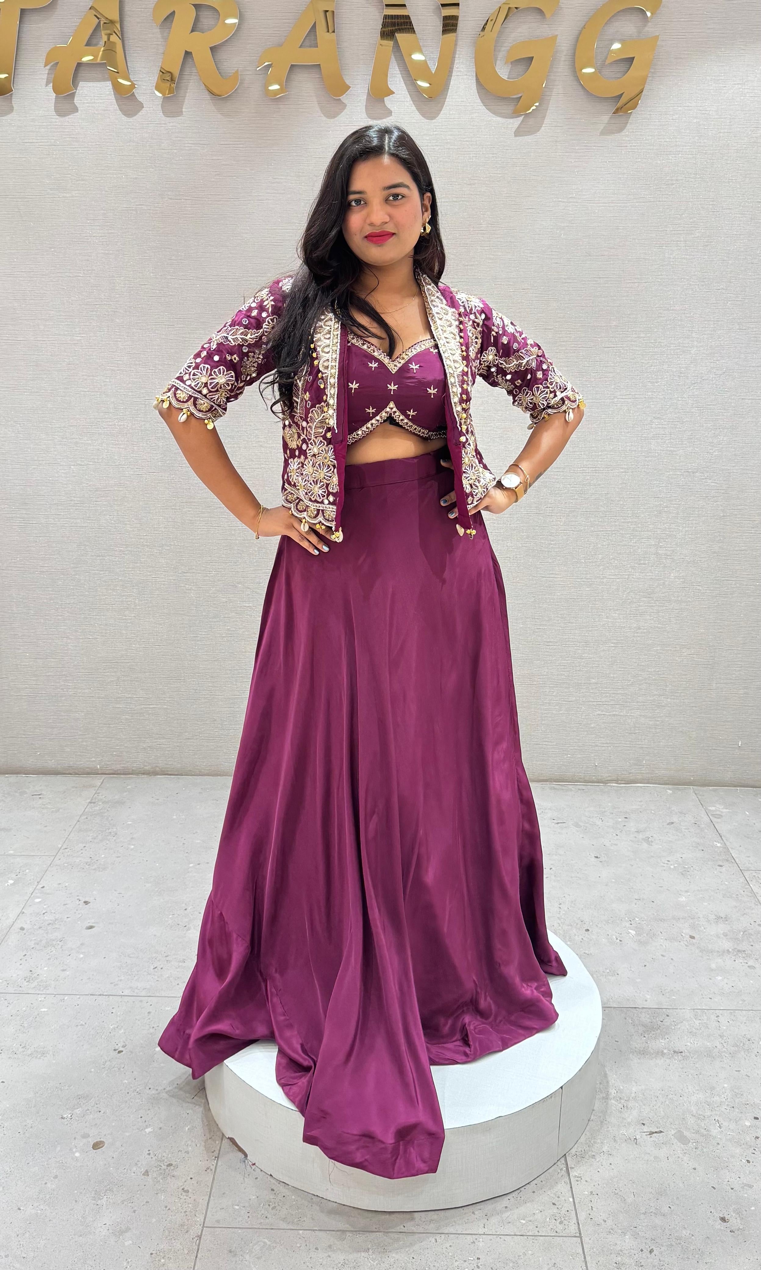 Wine Lehenga with Embellished Crop Jacket