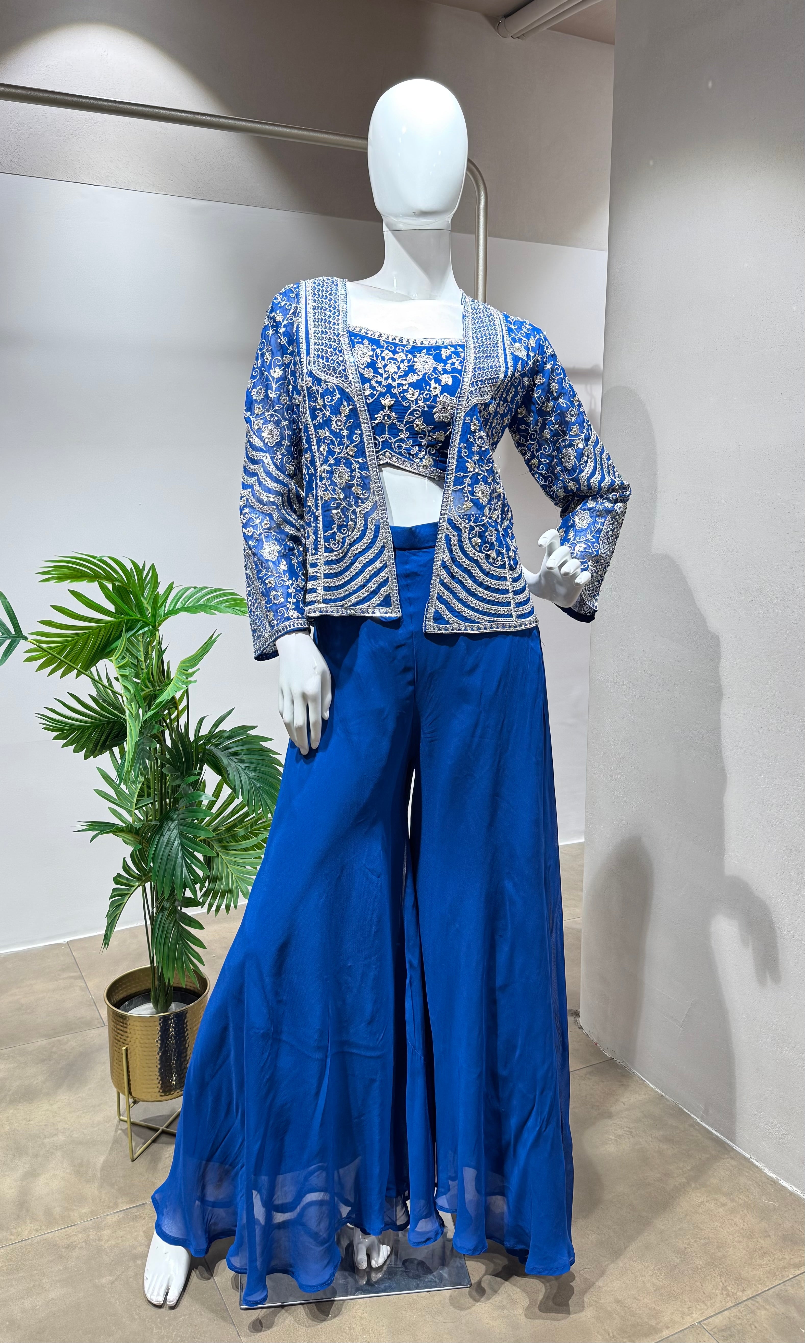 Royal Blue Embellished Palazzo SET WITH JACKET