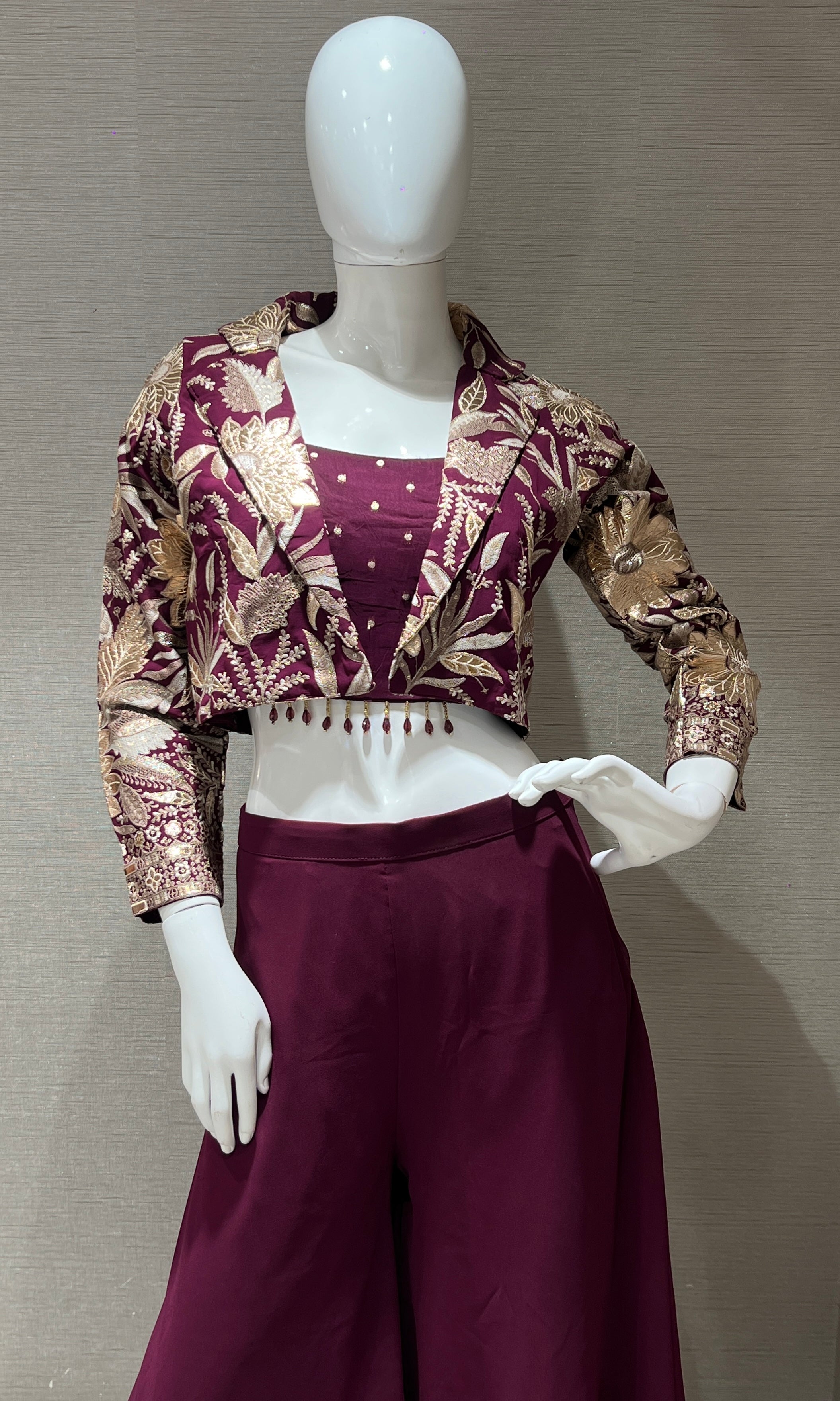 Wine Palazzo set with Embroidered Jacket