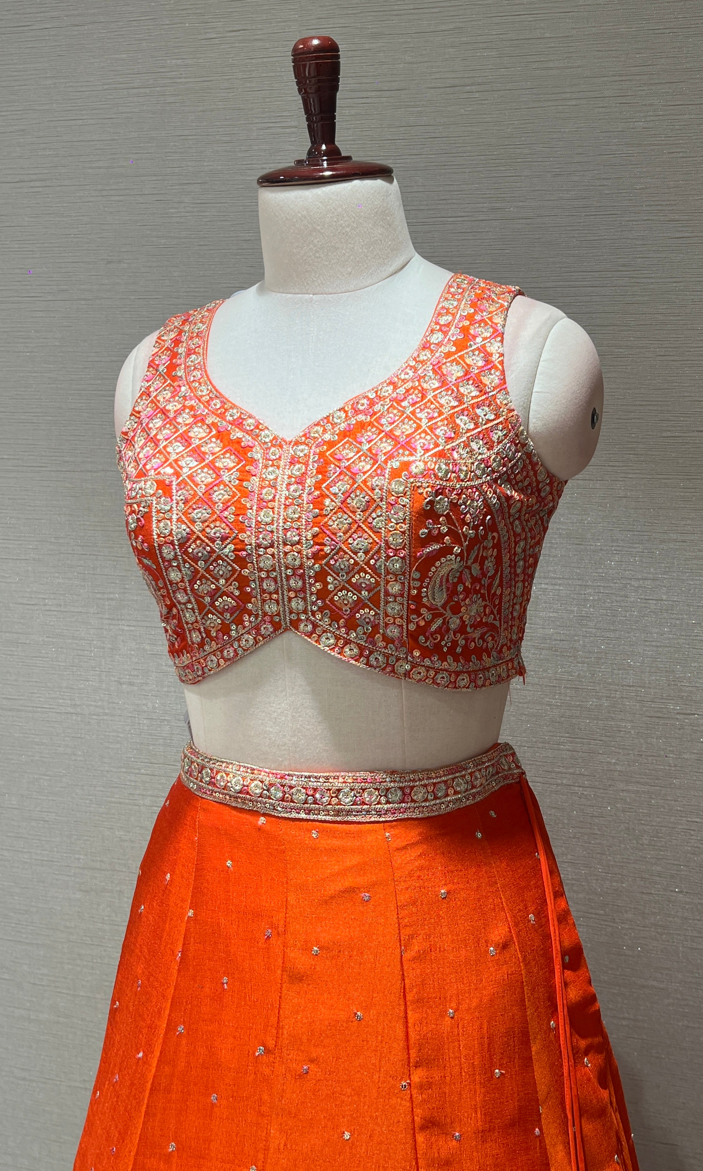 Orange Mirrorwork Embroidered Lehenga Set