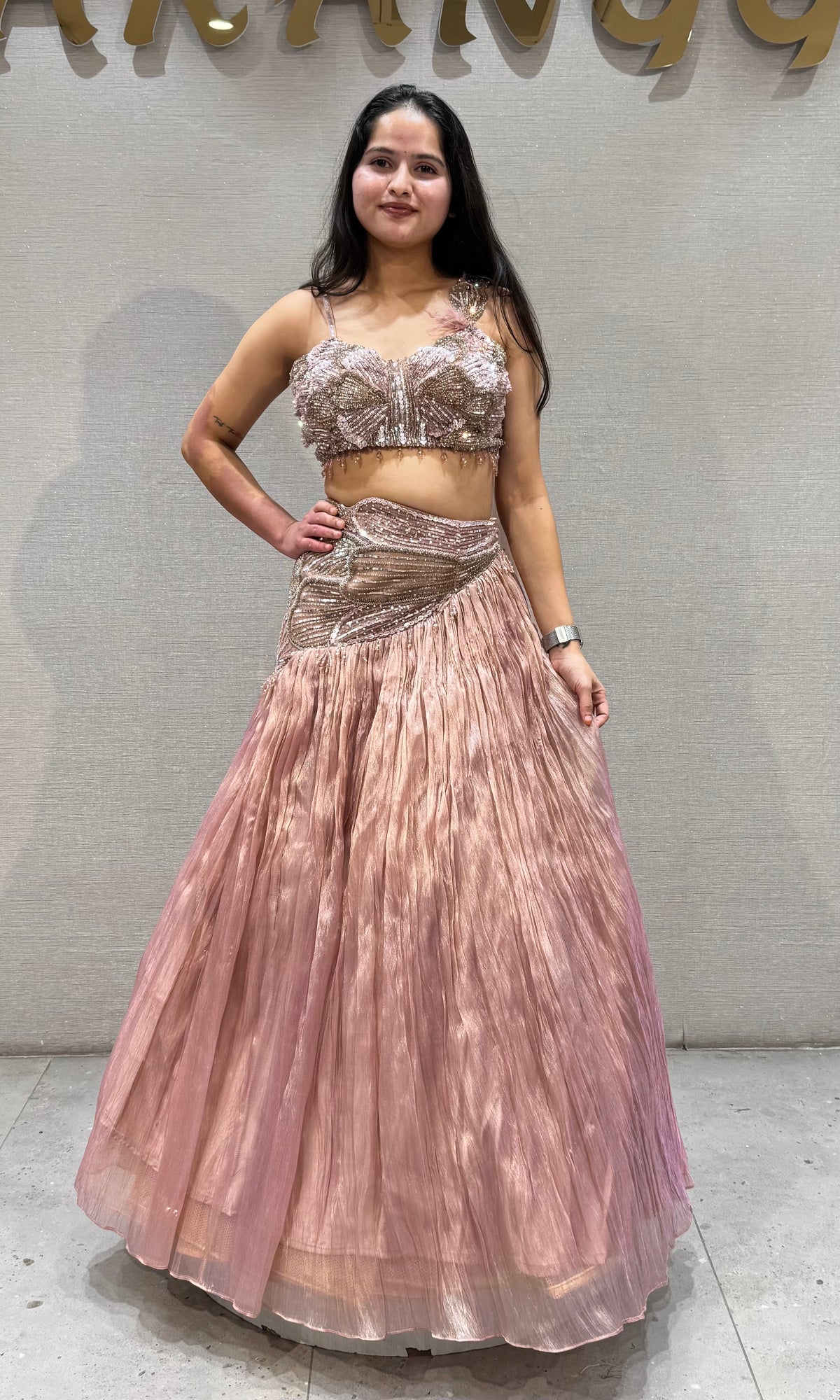 Blush Pink Embellished Tissue Lehenga Set