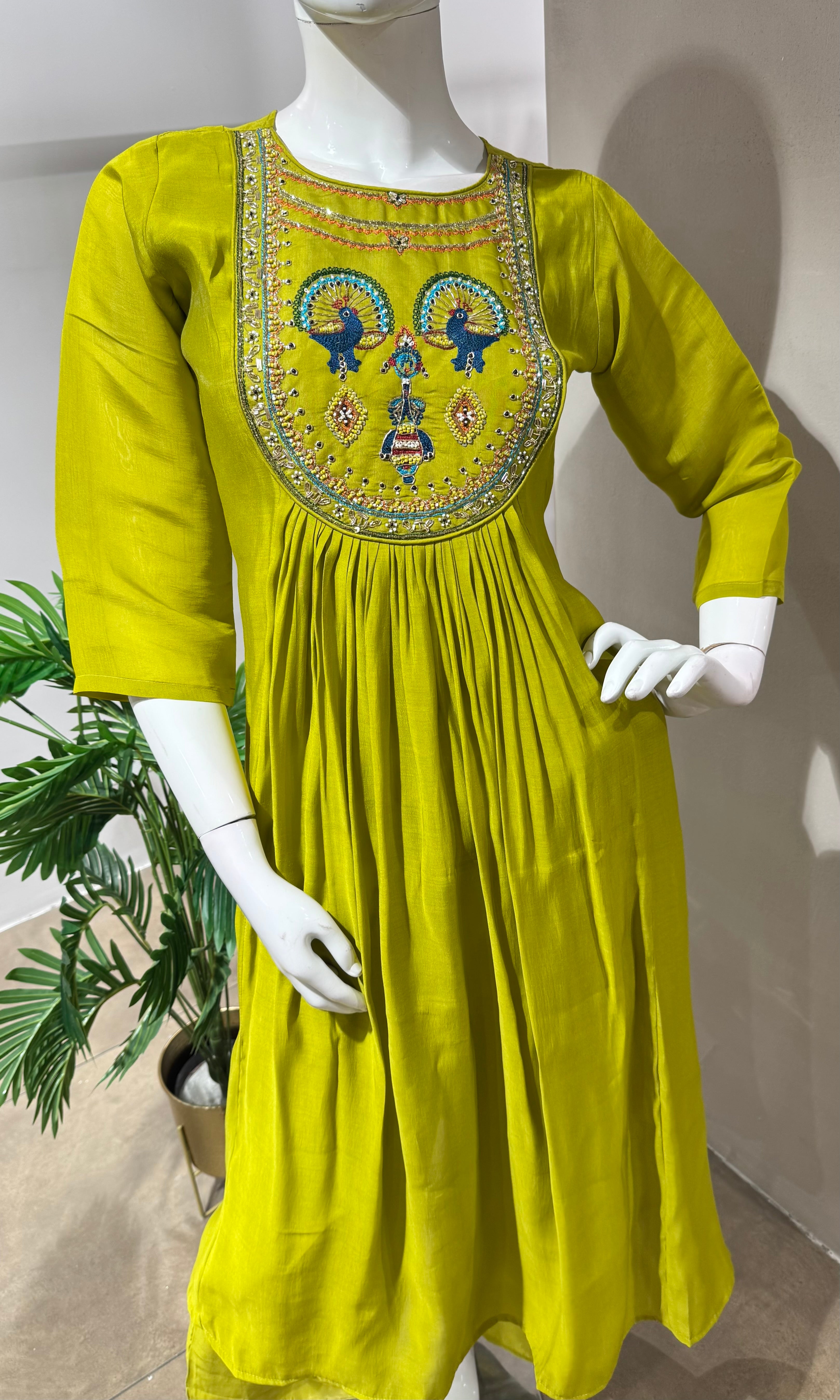GREEN PEACOCK MUL CHANDERI KURTA SET