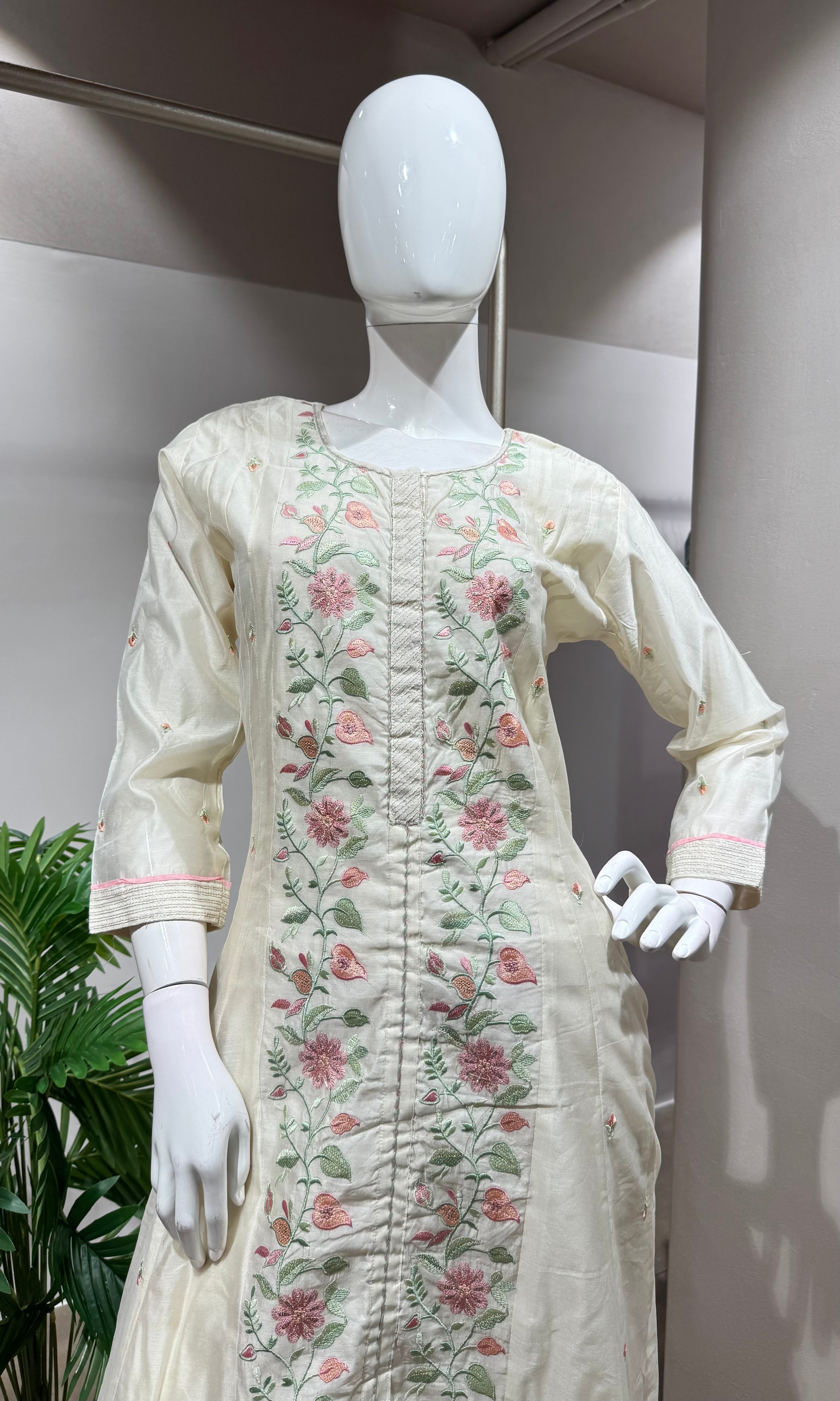 Cream Floral front slit Anarkali set