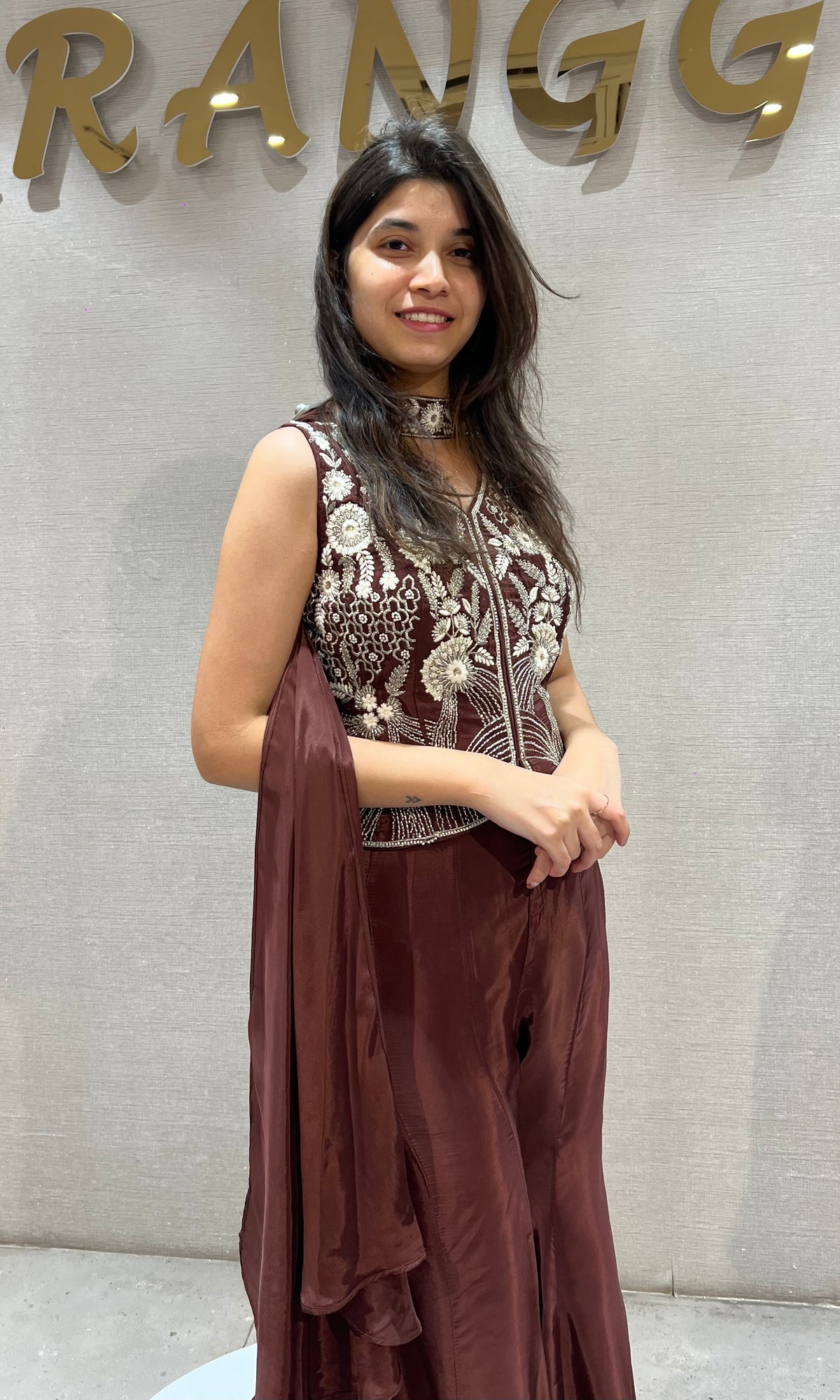 Brown Silk golden floral embroidered peplum palazzo set