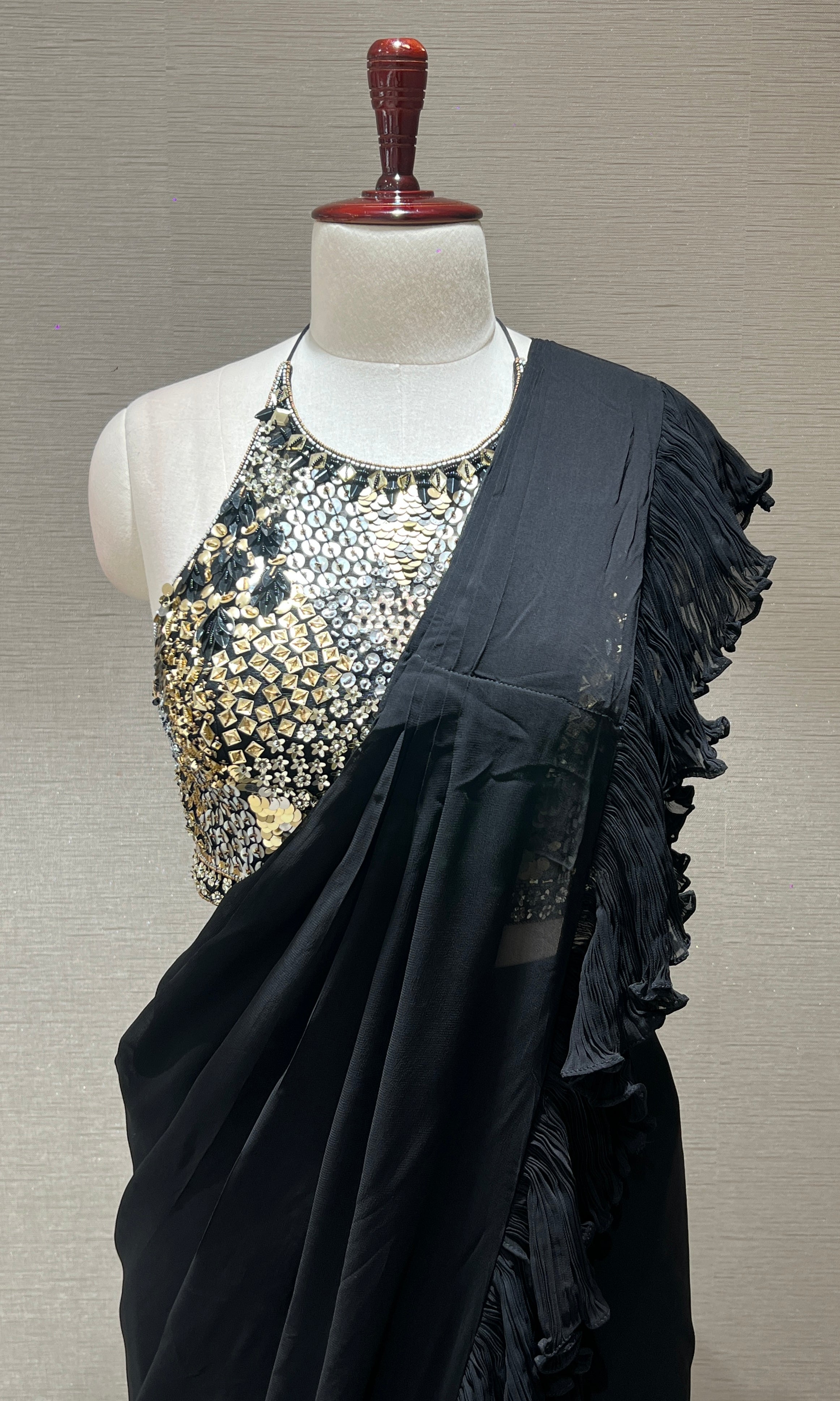 Black drape saree with Sequin Halter Blouse