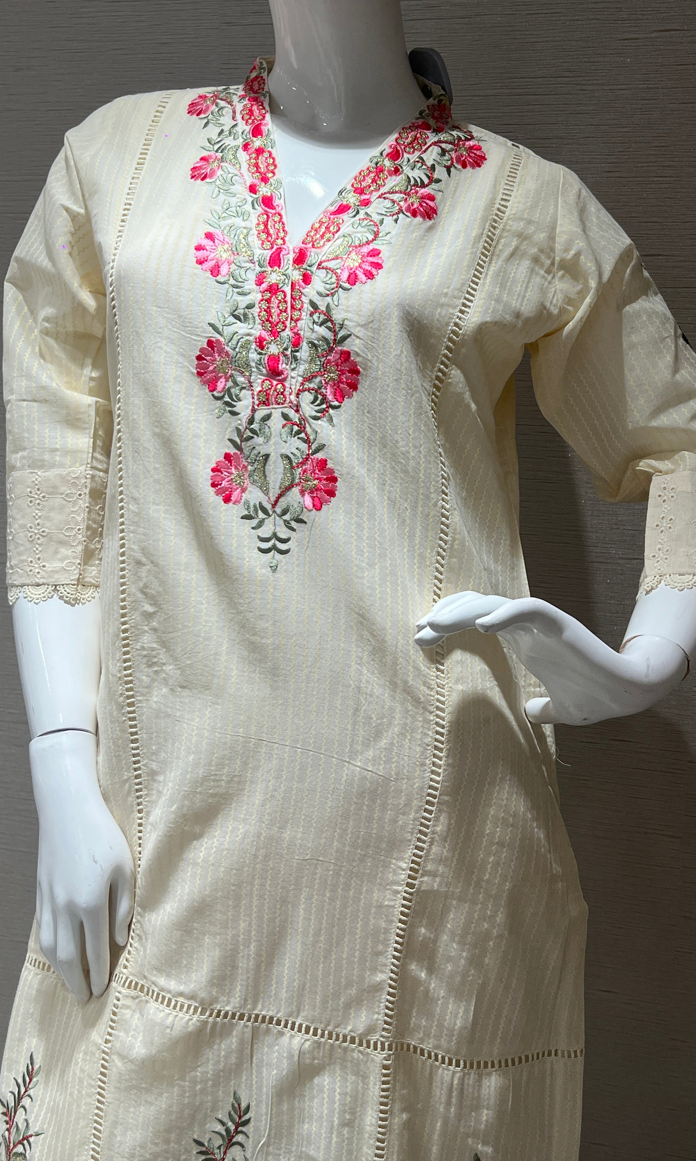Cream Embroidered Kurta Set with Pink Dupatta
