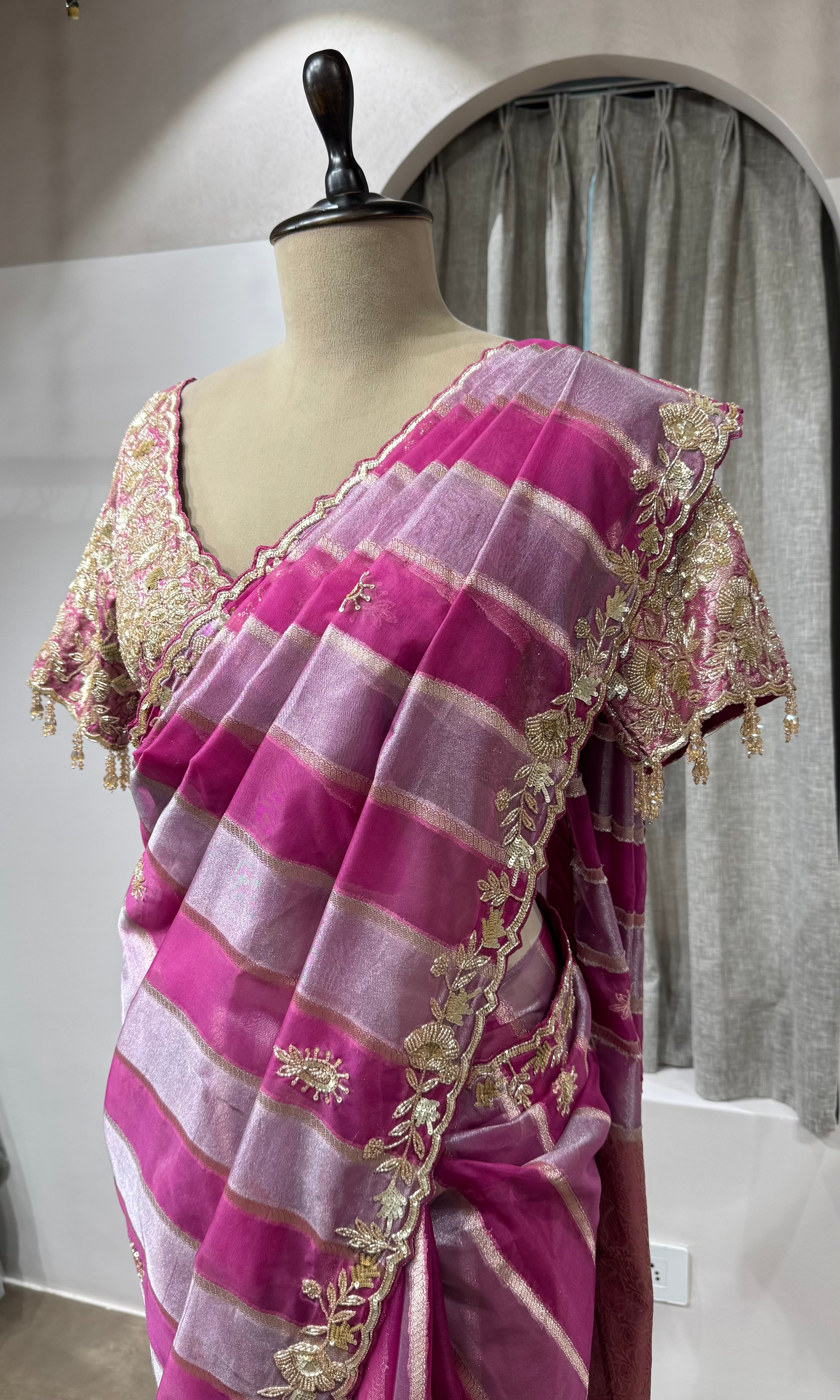 WINE Embellished Tussar Silk Leheriya Saree
