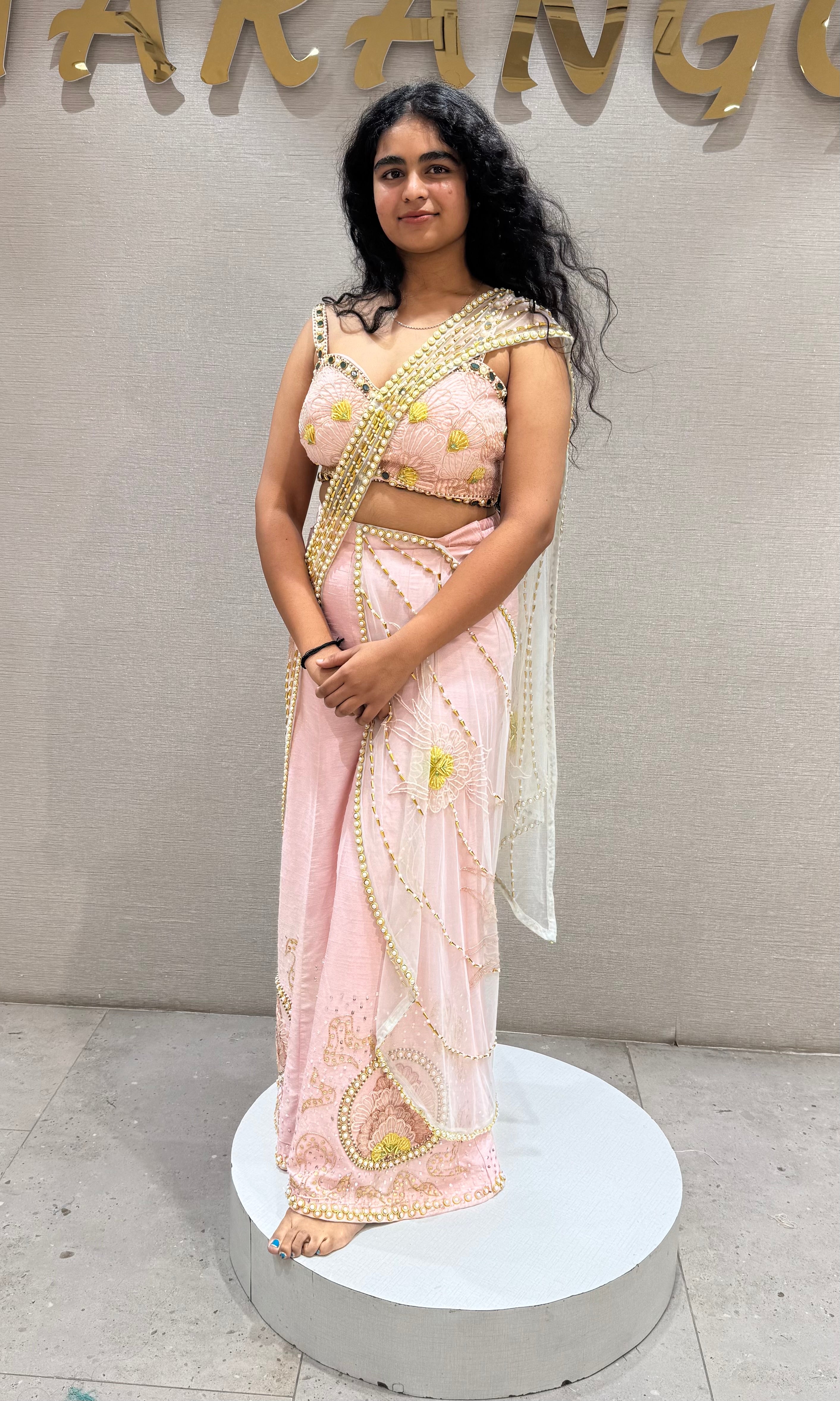 Baby pink palazzo with draped pallu